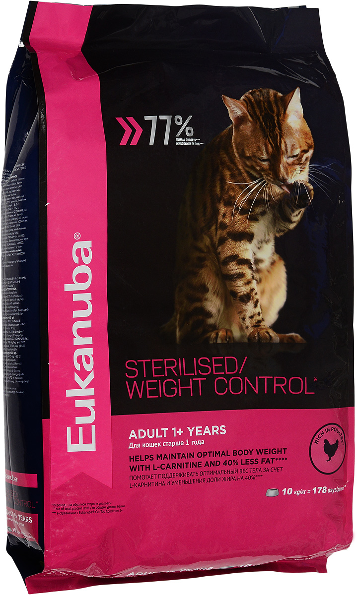 Корм сухой Eukanuba EUK Cat для взрослых и стерилизованных кошек с избыточным весом, 10 кг10144220 Корм сухой Eukanuba EUK Cat для взрослых и стерилизованных кошек с избыточным весом, 10 кг10144220Полнорационный сухой корм Eukanuba EUK Cat предназначен для взрослых стерилизованных кошек и кошек с избыточным весом старше 1 года. Помогает поддерживать оптимальный вес тела за счет L-карнитина и уменьшения доли жира. 100% сбалансированный корм, поддерживает здоровье кошки по шести ключевым признакам и обеспечивает отличную физическую форму: Особенности корма:1. Надежная защита: способствует поддержанию иммунной системы за счет антиоксидантов. 2. Оптимальное пищеварение: способствует поддержанию здоровой кишечной микрофлоры за счет пребиотиков и клетчатки.3. Здоровье мочевыводящей системы: разработан специально для поддержания здоровья мочевыводящих путей.4. Сильные мышцы: белки животного происхождения способствуют росту и сохранению мышечной массы. Содержит 77% животного белка (от общего уровня белка).5. Здоровье кожи и шерсти: способствует сохранению здоровья кожи и блестящей шерсти, благодаря рыбьему жиру и оптимальному соотношению омега-6 и омега-3 жирных кислот.6. Здоровые зубы: поддерживает здоровье зубов.Состав: белки животного происхождения (домашняя птица 35 %, источник натурального таурина), пшеница, ячмень, пшеничная мука, жир животный, рис, сухое цельное яйцо, гидролизированный животный белок, пульпа сахарной свеклы, минералы, высушенные пивные дрожжи, фрукто-олиго-сахариды, рыбий жир.Пищевая ценность (100 г): белки 33 г, жиры 13 г, омега-6 жирные кислоты 2,07 г, омега-3 жирные кислоты 0,33 г, влажность 8 г, зола 8,3 г, клетчатка 1,8 г, кальций 1,34 г, фосфор 1,12 г, магний 0,1 г.Добавленные вещества: витамин A 21000 МЕ/кг, витамин D3 1000 МЕ/кг, витамин E 260 мг/кг, железо 176 мг/кг, йод 3,2 мг/кг, медь 15 мг/кг, марганец 67 мг/кг, цинк 178 мг/кг, селен 0,41 мг/кг, L-карнитин 100мг/кг.Энергетическая ценность (в 100 г): 376 Ккал.Товар сертифицирован.