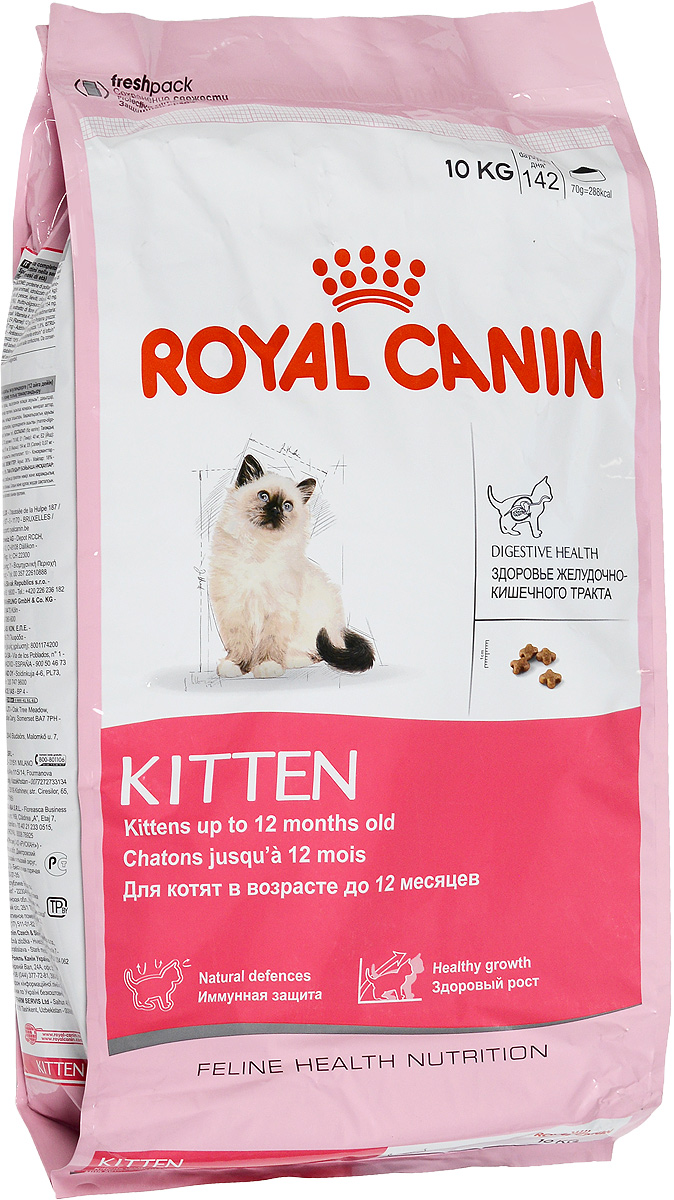 Корм сухой Royal Canin Kitten, для котят в возрасте до 12 месяцев, 10 кг0120710 Корм сухой Royal Canin Kitten, для котят в возрасте до 12 месяцев, 10 кг0120710Сухой корм Royal Canin Kitten - полнорационный корм для котят в возрасте до 12 месяцев.Здоровье пищеварительной системы.В течение периода роста пищеварительная система котенка остается несовершенной и продолжает постепенно развиваться в течение еще нескольких недель. Уникальная комбинация питательных веществ помогает поддерживать здоровое пищеварение котенка и нормализует стул. Легкоусвояемые белки (L.I.P.), адаптированное содержание клетчатки (в том числе подорожника и пребиотиков) способствует балансу кишечной микрофлоры.Естественная защита.Комплекс антиоксидантов и пребиотики, содержащиеся в продукте KITTEN, поддерживают естественные защитные силы котенка.Гармоничный рост.Сбалансированное содержание легкоусвояемых белков (L.I.P.), витаминов и минеральных веществ в продукте KITTEN способствует росту котенка, а также удовлетворяет его энергетические потребности в период интенсивного роста. LIP.Благодаря высокоусвояемым белкам L.I.P. (90% усвояемости) снижается количество непереваренных остатков пищи в кишечнике. Товар сертифицирован.Уважаемые клиенты!Обращаем ваше внимание на возможные изменения в дизайне упаковки. Качественные характеристики товара остаются неизменными. Поставка осуществляется в зависимости от наличия на складе.