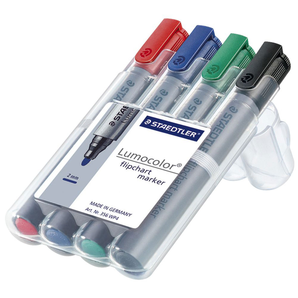 Staedtler Набор маркеров для флипчартов Lumocolor 4 цвета72523WD Staedtler Набор маркеров для флипчартов Lumocolor 4 цвета72523WDНабор маркеров для флипчартов Staedtler Lumocolor применяется для письма на бумажных блоках для флипчартов и других листах бумаги, используются для проведения презентаций.Не растекаются на бумаге и не просачиваются на обратную сторону листа. Быстросохнущие чернила на водной основе не имеют запаха. Уникальная система позволяет оставлять маркер без колпачка на несколько дней без угрозы высыхания. Маркеры могут дозаправляться без контакта и вытекания чернил. Функция автоматического выравнивания давления, предотвращение от утечки чернил в полете.В наборе 4 маркера различных цветов - красного, синего, зеленого и черного.