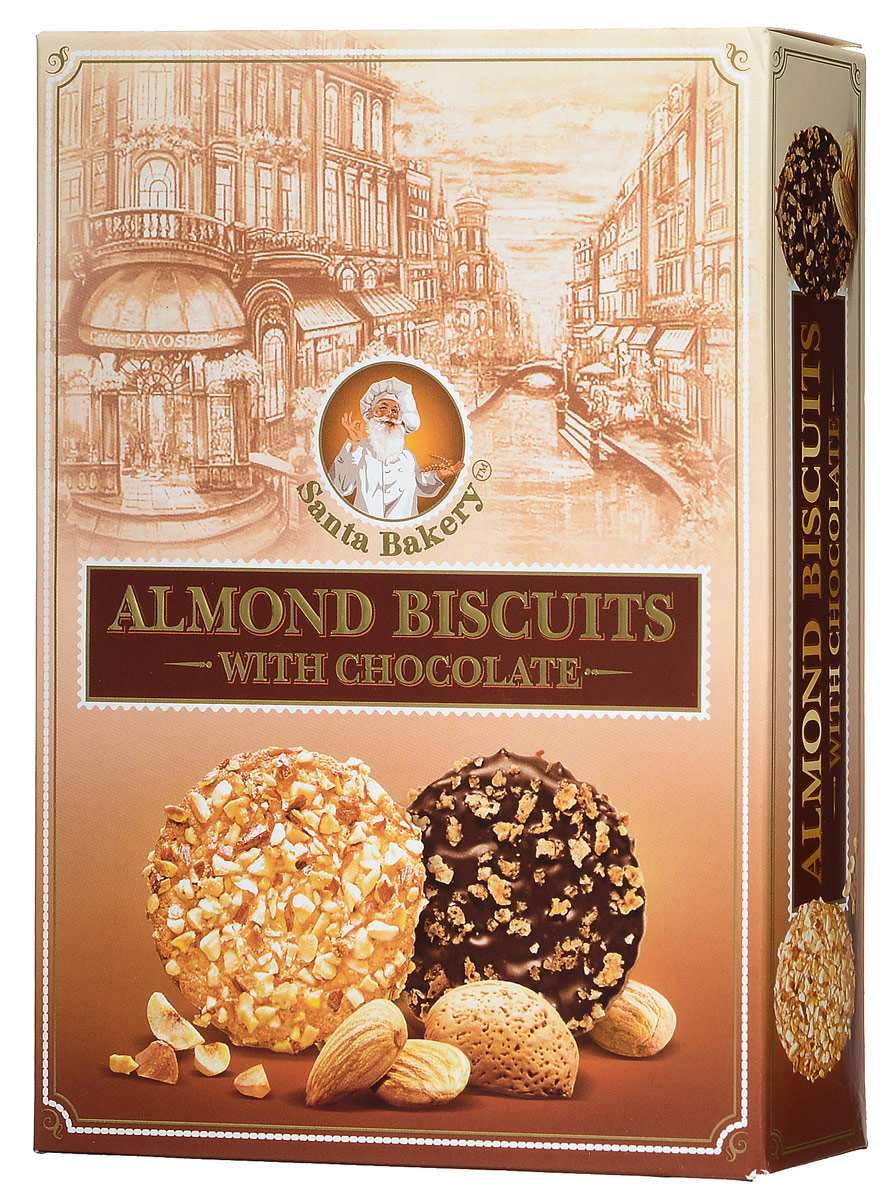 Santa Bakery печенье миндальное с шоколадом, 150 г524 Santa Bakery печенье миндальное с шоколадом, 150 г524Поверхность нежно хрустящего печенья Santa Bakery декорируется дробленым миндалем. Донышко печенья покрывается шоколадом с миндальной бисквитной крошкой, которая предотвращает слипание двух печений.