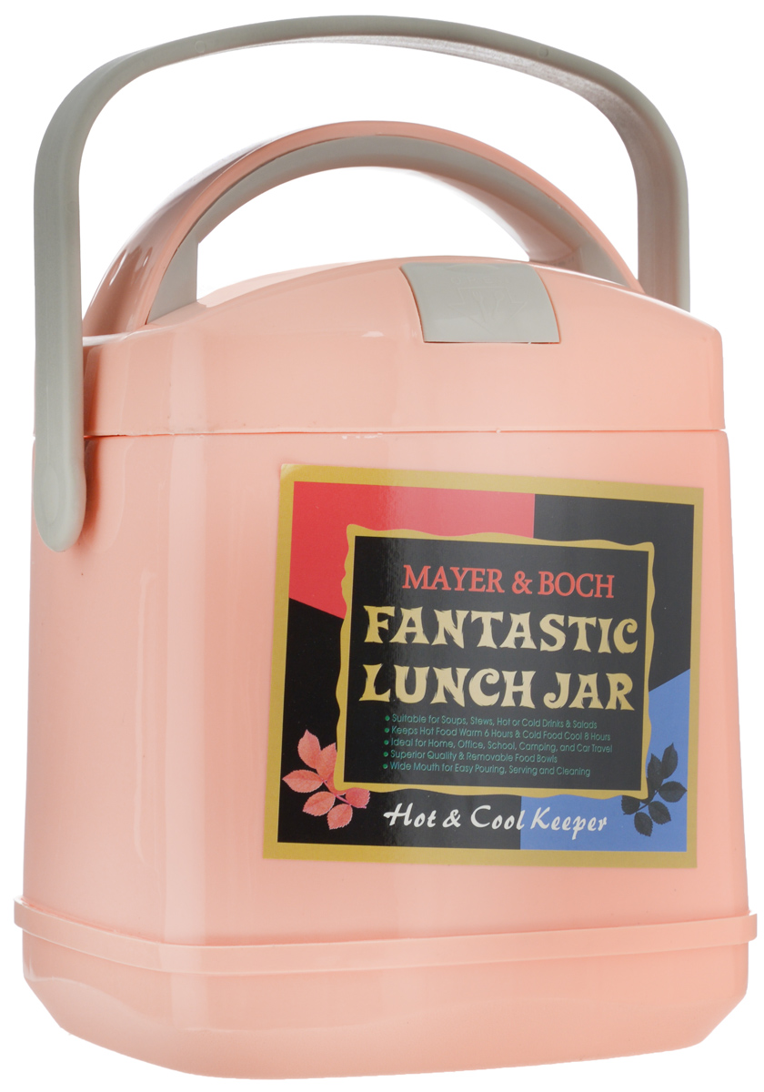 Термос пищевой Mayer & Boch Fantastic Lunch Jar, с контейнером, цвет: персиковый, 1,9 л115510 Термос пищевой Mayer & Boch Fantastic Lunch Jar, с контейнером, цвет: персиковый, 1,9 л115510Термос пищевой Mayer & Boch Fantastic Lunch Jar предназначен для длительного хранения горячих и холодных блюд. Изделие сохраняет тепло до 6 часов, а холод - до 8. Термос способен сохранять горячую или холодную температуру при температуре окружающей среды не ниже 18°С и температуре жидкости при заполнении не ниже +99+-1°С. Корпус термоса выполнен из цветного пищевого полипропилена (пластика). Внутренняя колба изготовлена из нержавеющей стали - материала, который не вступает в реакцию с продуктами и не искажает вкус приготовленных блюд. Данный термос обладает не только прекрасными термоизоляционными качествами, но и непревзойденной надежностью. Благодаря эргономичной форме и удобным ручкам, его удобно транспортировать. Широкое отверстие позволяет удобно заполнять термос. В наборе также поставляется съемная емкость из нержавеющей стали, а также металлические ложка и вилка, которые хранятся в специальном футляре в крышке термоса. Такой термос идеально подойдет для обедов на работе или отдыха на природе. Диаметр отверстия термоса (по верхнему краю): 14 см. Длина ложки/вилки: 14 см. Диаметр контейнера: 14 см. Высота стенки контейнера: 5 см.