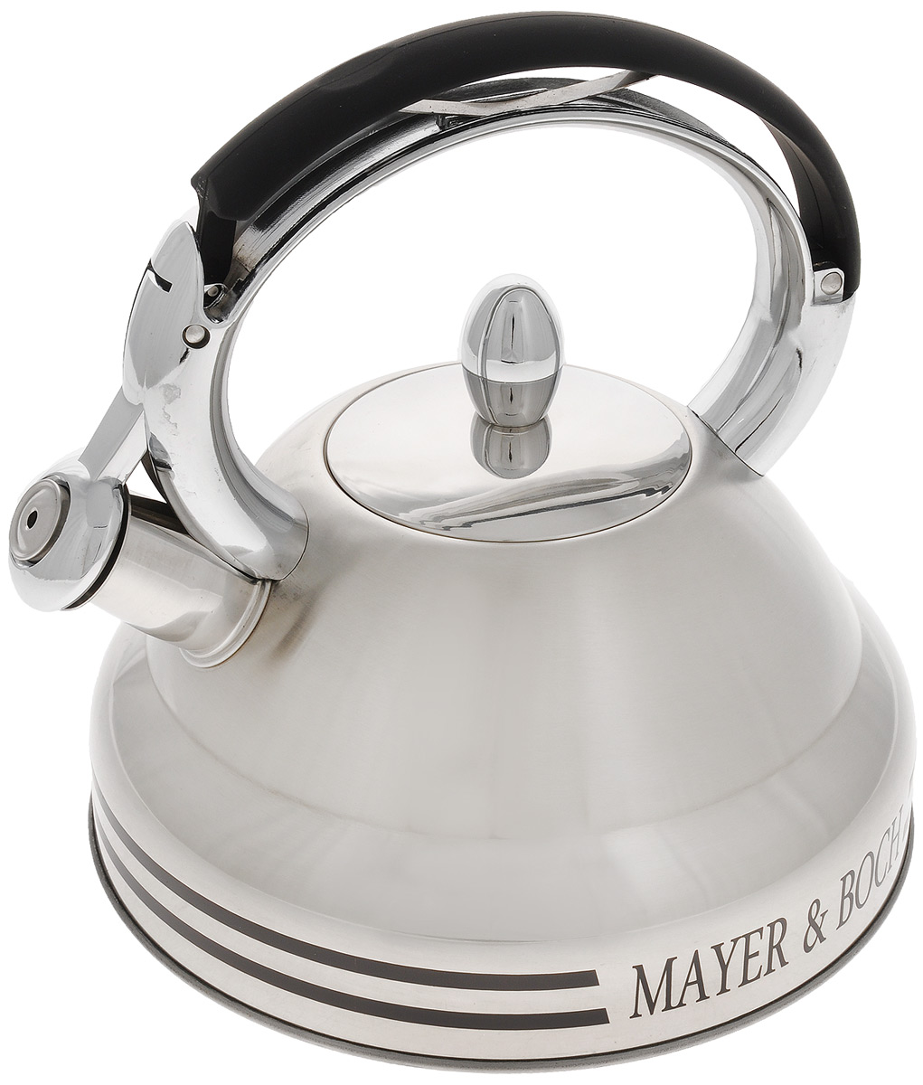 Чайник Mayer & Boch, со свистком, 2,7 л. 2241554 009312 Чайник Mayer & Boch, со свистком, 2,7 л. 2241554 009312Чайник Mayer & Boch выполнен из нержавеющей стали высокой прочности. При кипячении сохраняет все полезные свойства воды. Весьма гигиеничен и устойчив к износу при длительном использовании. Гладкая и ровная поверхность существенно облегчает уход за посудой. Чайник оснащен свистком, который громко оповестит о закипании воды. Ручка чайника изготовлена из пластика с покрытием Soft-Touch. Такой чайник идеально впишется в интерьер любой кухни и станет замечательным подарком к любому случаю. Подходит для газовой плиты, не подходит для индукционной.Диаметр чайника (по верхнему краю): 9 см. Высота чайника (с учетом ручки): 22,5 см.Высота чайника (без учета ручки и крышки): 11 см.