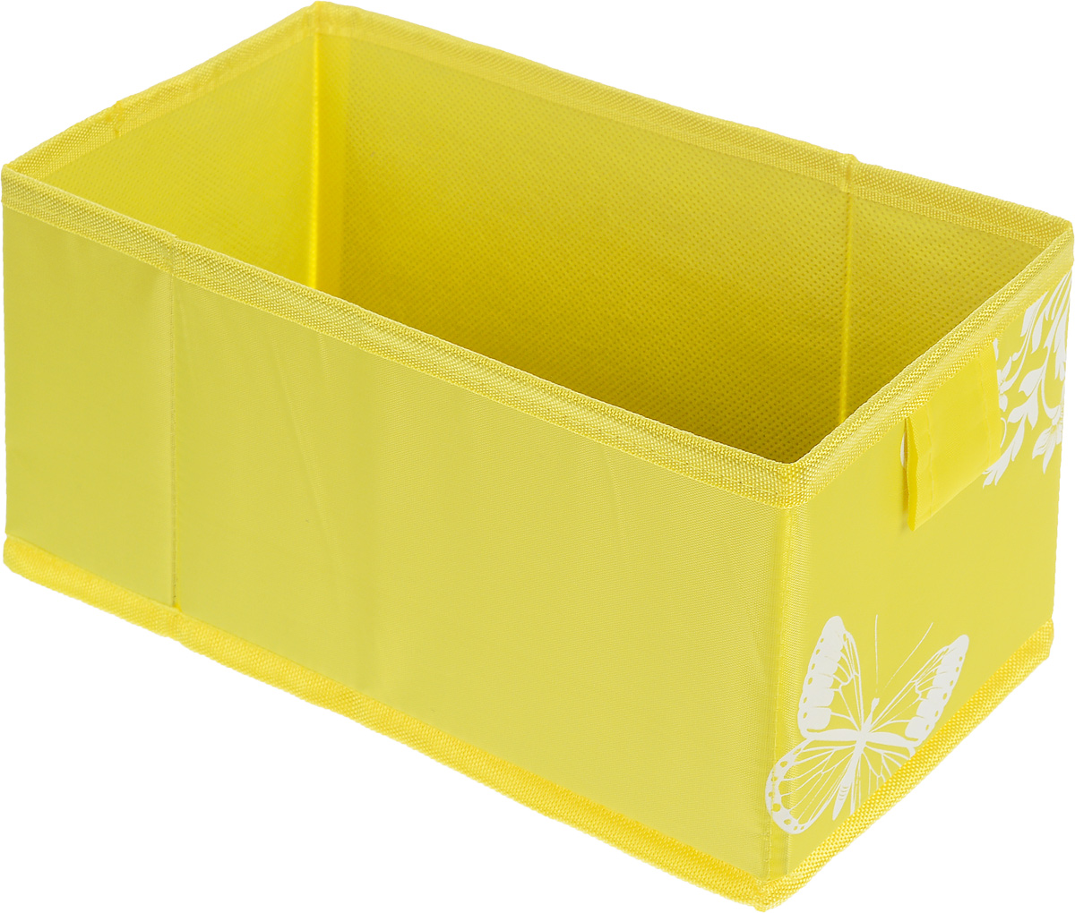 Коробка для хранения Hausmann Butterfly, цвет: желтый, 13 x 27 x 12,5 см1004900000360 Коробка для хранения Hausmann Butterfly, цвет: желтый, 13 x 27 x 12,5 см1004900000360Коробка для хранения вещей Hausmann Butterfly поможет легко организовать пространство в шкафу или в гардеробе. Изделие выполнено из нетканого материала и полиэстера. Коробка держит форму благодаря жесткой вставке из картона, которая устанавливается на дно. Боковая поверхность оформлена красивым принтом с изображением бабочек. В такой коробке удобно хранить нижнее белье, ремни и различные аксессуары.Размер кофра (в собранном виде): 13 x 27 x 12,5 см.