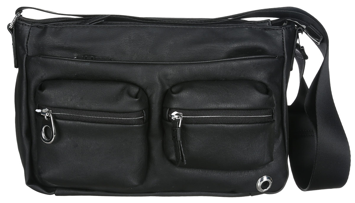 Сумка женская Samsonite, цвет: черный. 93V-090094106черные Сумка женская Samsonite, цвет: черный. 93V-090094106черныеПрактичная женская сумка Samsonite изготовлена из полиуретана, оформлена металлической фурнитурой с гравировкой в виде логотипа бренда.Изделие содержит одно основное отделение, закрывающееся на застежку-молнию. Внутри отделения расположены два накладных кармашка для мелочей и врезной карман на молнии. Лицевая сторона сумки дополнена двумя вместительными карманами на молнии и двумя объемными кармашками, каждый из которых закрывается на застежку-молнию. На задней стороне изделия расположены два врезных кармана на молниях.Сумка оснащена наплечным ремнем регулируемой длины.Стильный аксессуар позволит вам завершить образ и быть неотразимой.