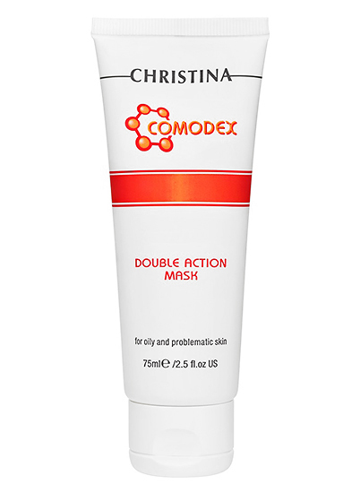Christina Маска двойного действия для проблемной кожи Comodex Double Action Mask 75 мл72523WD Christina Маска двойного действия для проблемной кожи Comodex Double Action Mask 75 мл72523WDМаска двойного действия Christina Comodex - Double Action Mask оказывает выраженное оздоравливающее действие, очищает и сужает поры. Маска от компании Кристина обладает нежной и приятной текстурой, содержит оксид цинка, экстракт хвоща, ментол, камфару и масло виноградных косточек. Это сочетание активных компонентов быстро устраняет признаки воспаления кожи, ускоряет регенерацию верхних слоев эпидермиса, успокаивает и смягчает кожу. Входящие в состав маски камфора и каолин регулируют выработку кожного сала, предотвращая закупоривание пор. Используя маску от Christina, Вы подарите своей коже свежесть и здоровый вид.