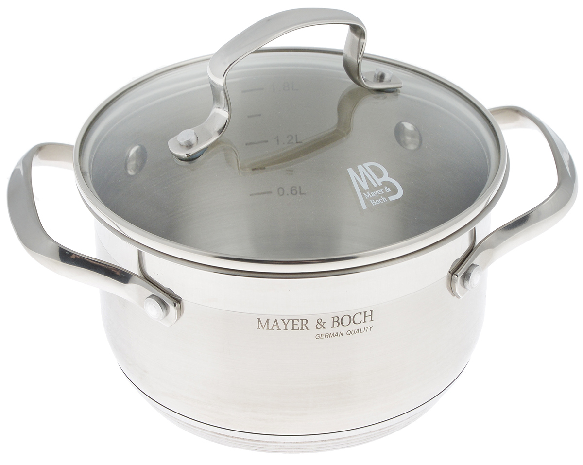 Кастрюля Mayer & Boch с крышкой, 1,8 л. 20813FS-91909 Кастрюля Mayer & Boch с крышкой, 1,8 л. 20813FS-91909Кастрюля Mayer & Boch изготовлена из высококачественной нержавеющей стали. Комбинация матовой и зеркальной полировки внешнего покрытия придает изделию особо эстетичный и стильный вид. Изделие предназначено для здорового приготовления пищи.Кастрюля имеет многослойное термоаккумулирующее дно, которое обеспечивает быстрый подогрев пищи, а также сохранит тепло. Кастрюля оснащена двумя удобными ручками. Крышка из термостойкого стекла снабжена металлическим ободом, удобнойручкой и отверстием для выпуска пара. Такая крышка позволяет следить за процессом приготовления пищи без потери тепла. Она плотно прилегает к краю кастрюли, сохраняя аромат блюд. Подходит для газовых, электрических, стеклокерамических и индукционных плит. Можно мыть в посудомоечной машине. Диаметр кастрюли (по верхнему краю): 17 см.Высота стенки: 10 см. Ширина кастрюли (с учетом ручек): 23 см.