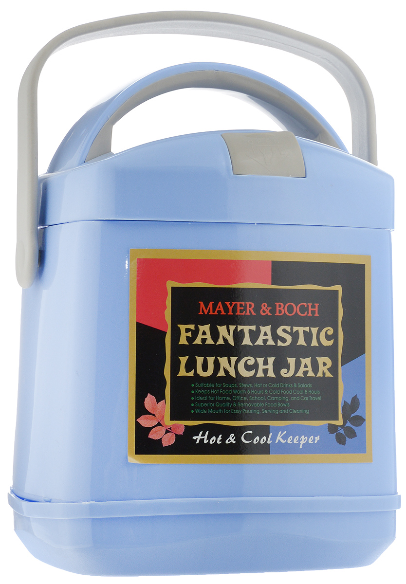 Термос пищевой Mayer & Boch Fantastic Lunch Jar, с контейнером, цвет: голубой, 1,9 л115510 Термос пищевой Mayer & Boch Fantastic Lunch Jar, с контейнером, цвет: голубой, 1,9 л115510Термос пищевой Mayer & Boch Fantastic Lunch Jar предназначен для длительного хранения горячих и холодных блюд. Изделие сохраняет тепло до 6 часов, а холод - до 8. Термос способен сохранять горячую или холодную температуру при температуре окружающей среды не ниже 18°С и температуре жидкости при заполнении не ниже +99+-1°С. Корпус термоса выполнен из цветного пищевого полипропилена (пластика). Внутренняя колба изготовлена из нержавеющей стали - материала, который не вступает в реакцию с продуктами и не искажает вкус приготовленных блюд. Данный термос обладает не только прекрасными термоизоляционными качествами, но и непревзойденной надежностью. Благодаря эргономичной форме и удобным ручкам, его удобно транспортировать. Широкое отверстие позволяет удобно заполнять термос. В наборе также поставляется съемная емкость из нержавеющей стали, а также металлические ложка и вилка, которые хранятся в специальном футляре в крышке термоса. Такой термос идеально подойдет для обедов на работе или отдыха на природе. Диаметр отверстия термоса (по верхнему краю): 14 см. Длина ложки/вилки: 14 см. Диаметр контейнера: 14 см. Высота стенки контейнера: 5 см.