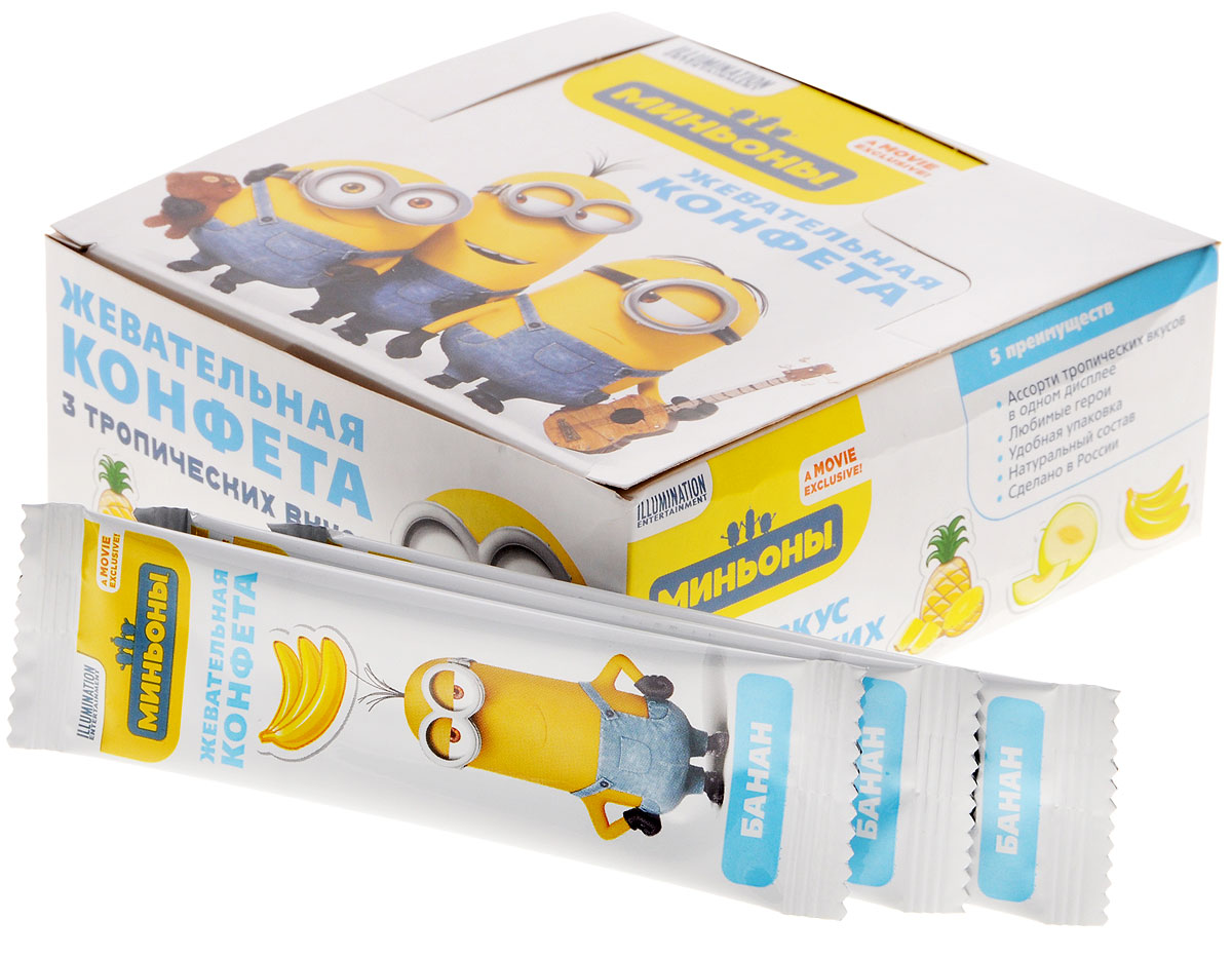 Minions конфеты жевательные со вкусом банана, ананаса и дыни, 396 г (36 шт)14048 Minions конфеты жевательные со вкусом банана, ананаса и дыни, 396 г (36 шт)14048Жевательные конфеты Minions. Конфеты понравятся любому ребенку, ведь они имеют три любимых детских вкуса — банан, дыня и ананас.