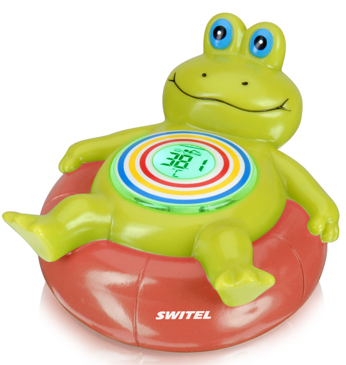 Switel Термометр для воды детский BC30068/5/1 Switel Термометр для воды детский BC30068/5/1Забавный детский термометр «Лягушонок» от известного швейцарского производителя детских товаров Switel. Замечательная игрушка, с которой малышу весело купаться, оповестит родителей об изменении температур и готовности воды. Цифровой дисплей отображает значение температуры, а цвет подсветки меняется вместе с изменением температуры: красный – вода слишком горячая; зелёный – комфортная; жёлтый – слишком холодная.