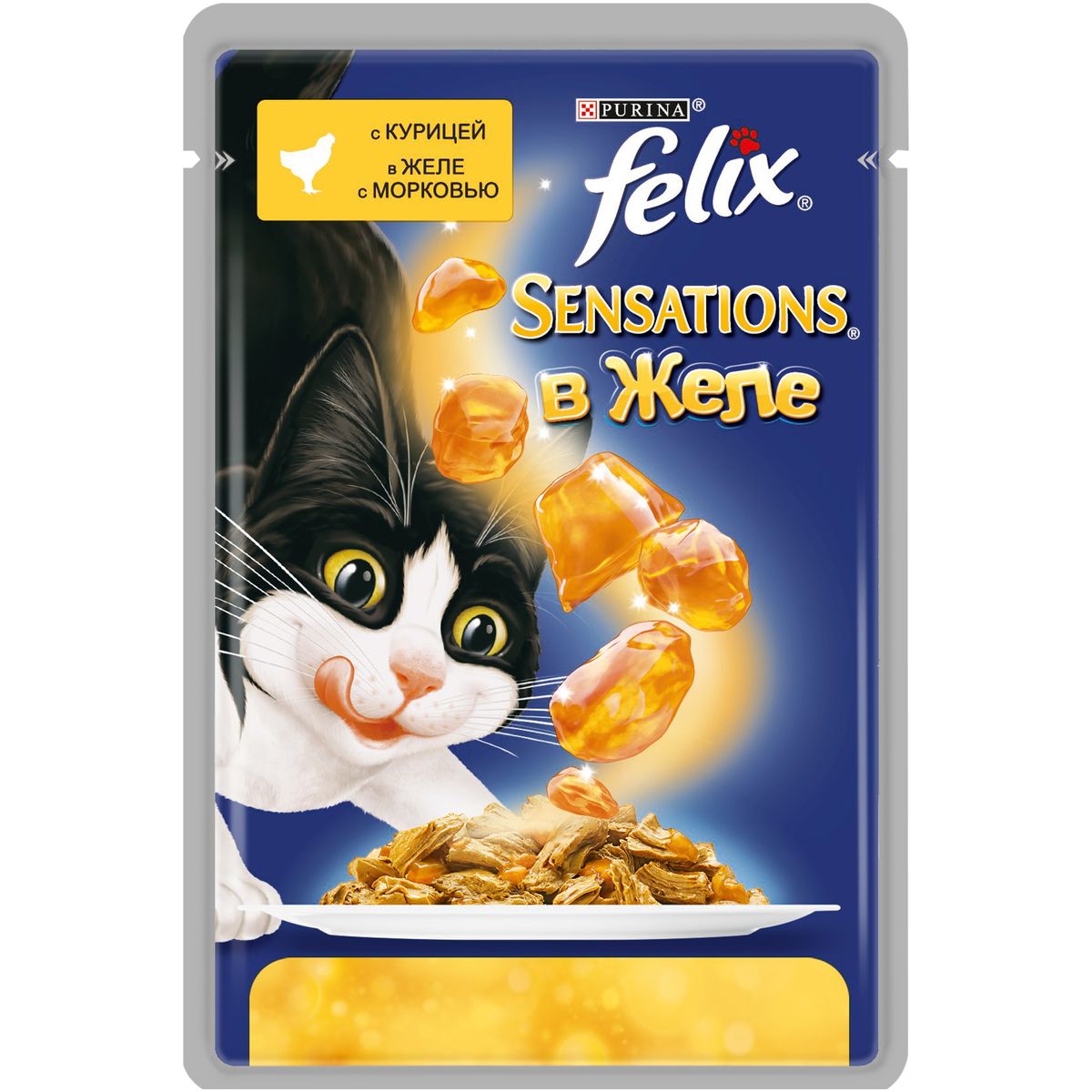 Консервы для кошек Felix Sensations, с курицей в желе с морковью, 85 г0120710 Консервы для кошек Felix Sensations, с курицей в желе с морковью, 85 г0120710Консервированный корм для кошек Felix с курицей в желе с морковью - полнорационный корм для взрослых кошек. Это нежные кусочки с мясом или рыбой, покрытые сочным желе с разными вкусами: томатов, моркови, шпината. Ароматные желе делают вкус корма особенно аппетитным и привлекательным для вашего питомца. Ваш кот будет есть такую вкуснятину хоть каждый день - на завтрак, обед и ужин. Рекомендации по кормлению: Для взрослой кошки среднего веса (4кг) требуется примерно 3 пакетика в день. Кормление желательно разделить на два приема. Для беременных или кормящих кошек кормление без ограничений. Подавать корм при комнатной температуре. Следите, чтобы у вашей кошки всегда была чистая, свежая питьевая вода.Вес: 85 г. Состав: мясо и продукты переработки мяса (19%, из которых курица 4%), экстракт растительного белка, рыба и рыбные субпродукты, овощи (морковь 4% в желе), минеральные вещества, сахара, красители, витамины. Добавленные вещества: МЕ/кг: витамин A: 720, витамин D3: 110, витамин Е: 15; мг/кг: железо: 8, йод: 0,2, медь: 0,7, марганец: 1,6, цинк: 15. Гарантируемые показатели: белок: 13,0%, жир: 3,0%, сырая зола 2,2%, сырая клетчатка 0,5%, линолевая кислота (Омега 6 жирные кислоты):0,2%, таурин: 0,045%. Товар сертифицирован.
