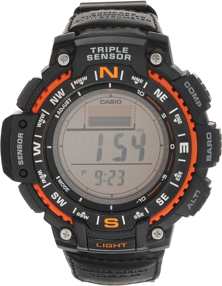Часы наручные Casio, черный, оранжевый. SGW-1000B-4ABM8434-58AE Часы наручные Casio, черный, оранжевый. SGW-1000B-4ABM8434-58AEНаручные часы Casio произведены опытными специалистами из материалов самого высокого качества на базе новейших технологий. Часы прошли тщательную проверку и контроль качества.Часы оснащены кварцевым механизмом. Корпус выполнен из высококачественной нержавеющей стали с пластиковыми вставками. Дисплей часов защищен минеральным стеклом, устойчивым к появлению царапин и подсвечивается светодиодом, функция автоподсветки освещает циферблат при повороте часов к лицу. Ремешок часов выполнен из прочного текстиля и вставок из кожи и оснащен застежкой-пряжкой. Часы имеют дополнительные функции: мировое время, индикатор даты, цифровой компас, барометр, термометр, альтиметр, секундомер, таймер, будильник. Модуль часов рассчитан на работу при низких температурах. Часы укомплектованы паспортом с подробной инструкцией и упакованы в оригинальную фирменную коробку.Характеристики: Длина ремешка (с учетом корпуса): 25 см.Ширина ремешка: 2 см.Диаметр корпуса: 5,5 см.Диаметр циферблата: 5,5 см. Дополнительные функции: Встроенный цифровой компас, альтимер - встроенный датчик барометрического давления с возможностью вывода результатов в единицах высоты над уровнем моря (от -700 до 10000 метров), память данных высотометра до 30 записей, барометр - измерение атмосферного давления от 260 до 1100 гПа (от 195 до 825 мм рт. ст.), термометр от -10° до +60°С с точностью 0,1°C. Время восхода и захода солнца, секундомер с точностью показаний 1/10с и временем измерения 1000ч, таймер обратного отсчета от 1мин до 24ч, мировое время, 12-ти и 24-х часовой формат времени, индикатор уровня заряда батареи, функция включения/отключения звука.