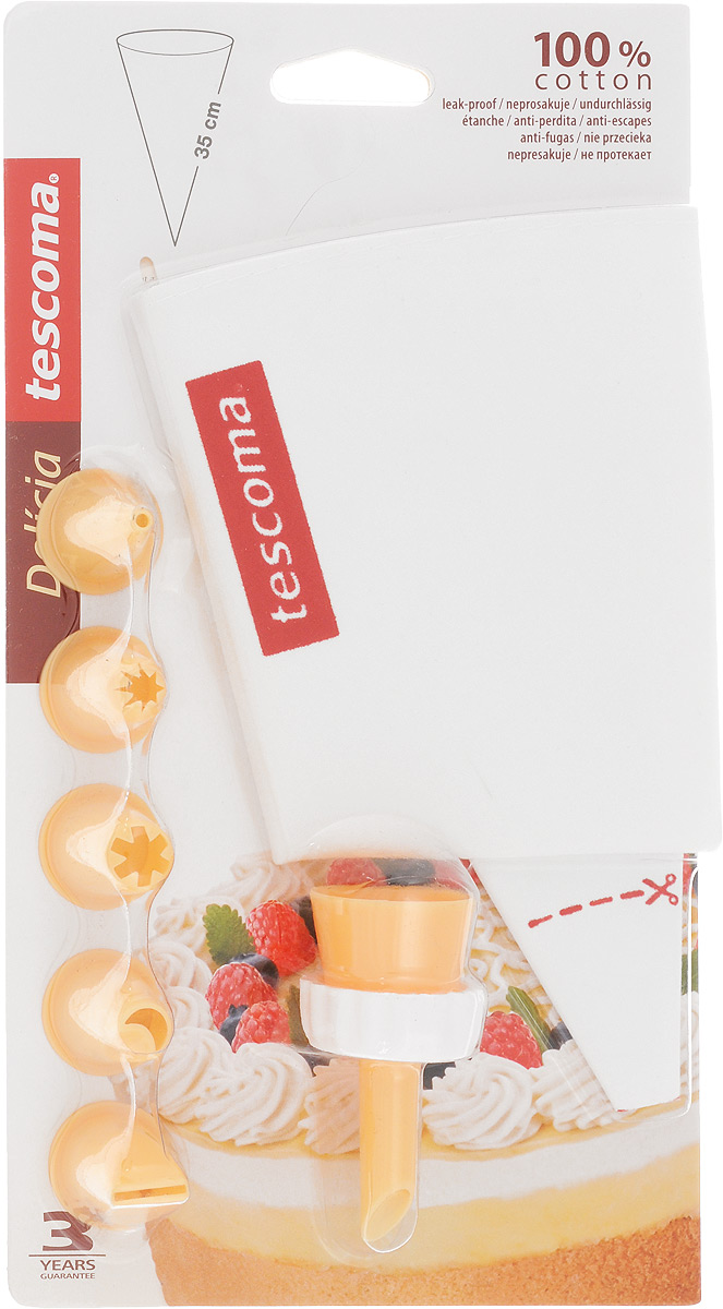 Мешок кондитерский Tescoma Delicia, с 6 насадками. 63048794672 Мешок кондитерский Tescoma Delicia, с 6 насадками. 63048794672Мешок кондитерский Tescoma Delicia, изготовленный из пластика и не протекающего полотна, предназначен для помещения и выдавливания разных кремов, в основном служащих для украшения пирожных и тортов. В наборе к мешку прилагается 6 насадок, имеющих разное сечение и профиль. Кондитерский мешок - превосходный инструмент, который облегчает и ускоряет процесс выпечки печенья, бисквитов, пряников, идеален для украшения десертов и пирогов сливками или заварным кремом, для заполнения пончиков джемом, а также для украшения бутербродов, тостов и канапе паштетом, маслом, плавленым сыром. Праздничный стол требует особого внимания! Благодаря удивительному помощнику - кондитерскому мешку - вы быстро и легко приготовите выпечку любой формы.Количество насадок: 6 шт.Длина мешка: 35 см.Средняя длина насадки: 3 см.