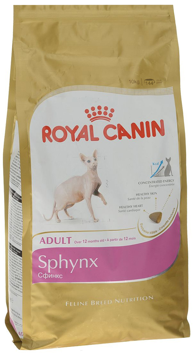 Корм сухой Royal Canin Sphynx Adult, для кошек породы Сфинкс старше 12 месяцев, 10 кг0120710 Корм сухой Royal Canin Sphynx Adult, для кошек породы Сфинкс старше 12 месяцев, 10 кг0120710Сухой корм Royal Canin Sphynx Adult - полнорационный корм для сфинксов старше 12 месяцев. Бесшерстные кошки время от времени рождались в разных уголках мира. Порода сфинкс в известном нам облике появилась в 1960-х годах, когда домашняя кошка в Онтарио (Канада) принесла котенка без шерсти. Гипнотизирующий взгляд, голая кожа со складками — сфинкс во многом не похож на других кошек. Существенная потребность в энергии.Отсутствие шерстного покрова у сфинксов компенсируется очень активным обменом веществ, позволяющим регулировать температуру тела. В то же время для такой терморегуляции необходимо очень много энергии, которую может обеспечить только правильно подобранное питание. Важнейшей составляющей правильного рациона этих кошек, склонных также к заболеваниям сердца, является специальный корм для породы сфинкс, который можно заказать в специализированных магазинах. Уникальный кожный покров, требующий ухода.Главная функция кожи заключается в создании барьера, препятствующего воздействию агрессивных факторов среды. Кожа сфинкса, не защищенная шерстью, особенно уязвима. Редкие тонкие волоски на теле животных — доказательство того, что организм пытается защититься от внешних воздействий. Поддержка работы сердца.У сфинксов существует наследственная предрасположенность к кардиомиопатии. Это заболевание можно предотвратить за счет правильной диеты, в состав которой включены таурин и жирные кислоты EPA и DHA.Любой интернет-магазин наших партнеров предоставляет своим клиентам возможность купить необходимый корм и аксессуары для кошек в режиме онлайн. Высокое содержание энергии.Высокое содержание энергии в крокете обусловлено повышенным содержанием жиров(23 %).Благодаря этому корм удовлетворяет высокую потребность сфинксов в энергии.Здоровье кожи.Кожа сфинкса не защищена шерстью. Продукт SPHYNX содержит комплекс питательных веществ, которые помогают поддерживать функцию кожного барьера. Формула обогащена жирными кислотами Омега 6 и Омега 3.Здоровье сердца.В состав продукта входят таурин и жирные кислоты EPA и DHA. Специально для челюстей сфинкса.QUARTZ 14 — особая крокета, по форме и размеру адаптированная к челюстям кошек породы сфинкс. Состав: дегидратированное мясо птицы, животные жиры, рис, изолят растительных белков, кукуруза, растительная клетчатка, дегидратированные белки животного происхождения (свинина), гидролизат белков животного происхождения, пшеница, кукурузная клейковина, свекольный жом, минеральные вещества, дрожжи, рыбий жир, томаты (источник ликопина), соевое масло, фруктоолигосахариды, гидролизат дрожжей (источник мaннановых олигосахаридов), масло огуречника аптечного, экстракт бархатцев прямостоячих (источник лютеина). Добавки (в 1 кг): Питательные добавки: витамин A: 29800 МЕ, витамин D3: 800 МЕ, E1 (железо): 38 мг, E2 (йод): 3,8 мг, E4 (медь): 5 мг, E5 (марганец): 50 мг, E6 (цинк): 149 мг, E8 (селен): 0,08 мг, L-карнитин: 50 мг, таурин: 2,9 г; консерванты, антиоксиданты. Товар сертифицирован.
