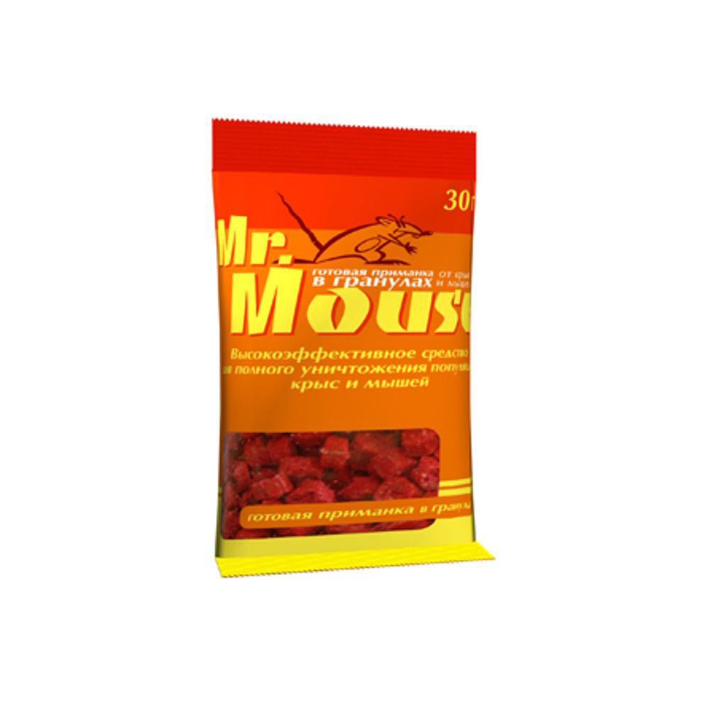 Гранулы от грызунов Mr.Mouse, 30 г. СЗ.040008BH-SI0439-WW Гранулы от грызунов Mr.Mouse, 30 г. СЗ.040008BH-SI0439-WWРодентицидное средство Mr.Mouse в виде готовой к применению приманки в форме гранул красного цвета.Способы примененияПоместить средство в лотки, на подложки по 10-20г от мышей и по 30-50г от серых и черных крыс. Размещение в специальных емкостях повышает поедаемость средства, препятствуя его растаскиванию грызунами.Размещают емкости в предварительно выявленных местах обитания грызунов: по близости от их нор, на путях перемещения, вдоль стен и перегородок.Расстояние между точками раскладки 2-10м в зависимости от захламленности помещений и численности грызунов. Для водяных крыс приманку размещают около входа нор по 15-30г для кротов - в свежей кротовине делают вертикальный вырез между двумя выбросами земли, куда закладывают по 15-20г приманки, которую закрывают дощечкой и присыпают землей. Осмотр проводят через 1-2 дня, а затем с интервалом в одну неделю, восполняя по мере поедания. Загрязненную приманку следует заменить на новую. Нетронутые брикеты можно перенести в другое место. Работу проводят до исчезновения грызунов. Действующие вещество: бромадиолон - 0,005%