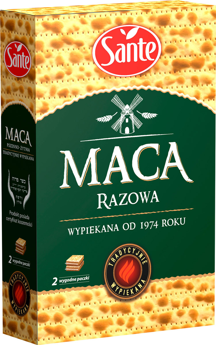Sante маца цельнозерновая, 180 г0120710 Sante маца цельнозерновая, 180 г0120710Маца Sante является традиционным хлебом с низким содержанием жира, который не содержит кислоты, образующиеся в процессе брожения, что делает ее чрезвычайно легкой при быстром усваивании организмом.Маца заменяет хлеб, является традиционной закуской (с сыром, ветчиной и овощами).