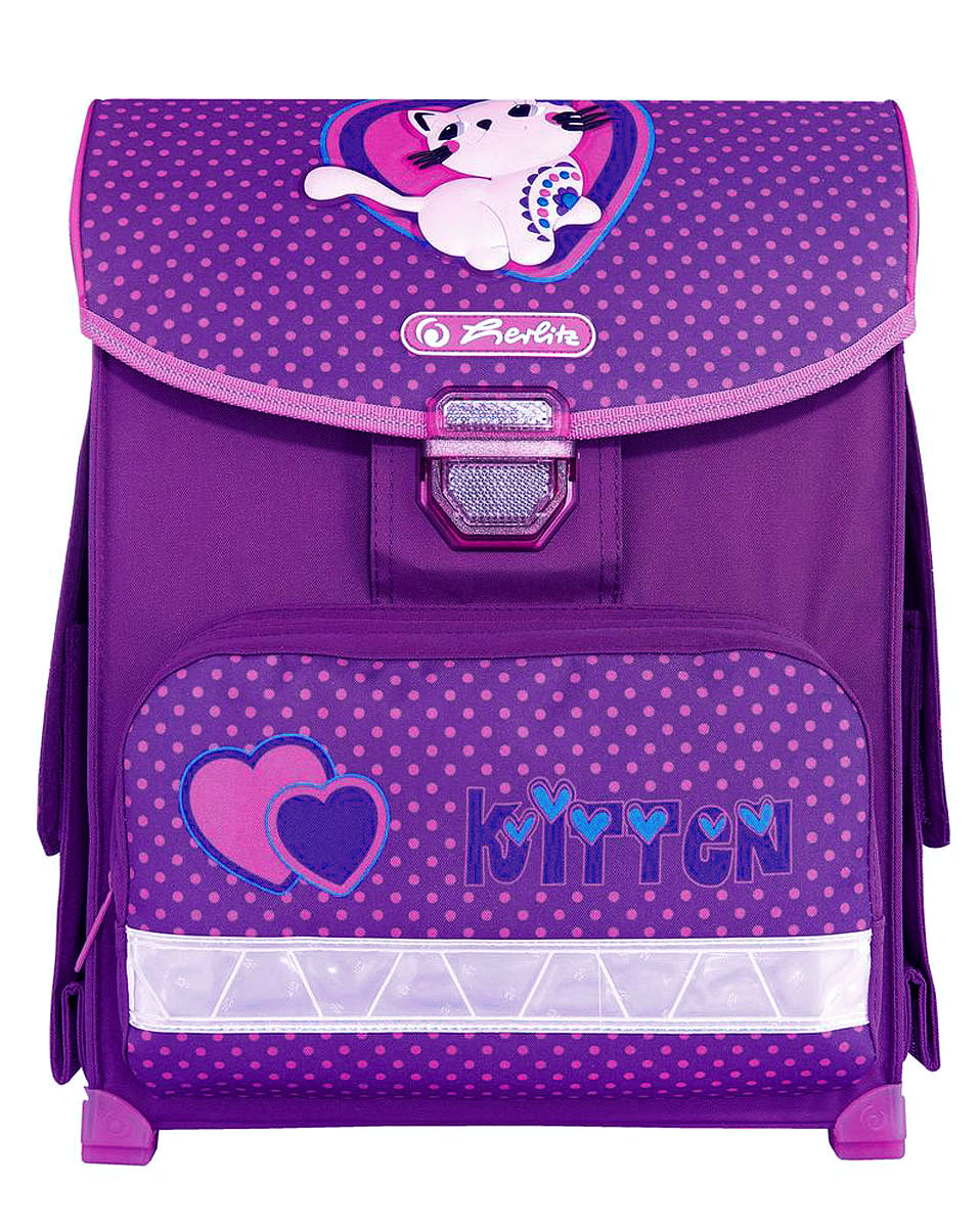 Herlitz Ранец школьный Kitten72523WD Herlitz Ранец школьный Kitten72523WDШкольный ранец Herlitz Kitten обязательно привлечет внимание вашего ребенка. Ранец выполнен из современного легкого и прочного материала и весит меньше 1 кг.Ранец содержит одно вместительное отделение, закрывающееся клапаном на замок-защелку. Внутри отделения имеется мягкая перегородка для тетрадей или учебников. Клапан полностью откидывается, что существенно облегчает пользование ранцем. На внутренней части клапана находится прозрачный пластиковый кармашек, в который можно поместить информацию о владельце или расписание занятий. Ранец имеет два боковых накладных кармана под клапанами на липучках. Лицевая сторона ранца оснащена накладным карманом на застежке-молнии. Клапан украшен объемным изображением милой кошечки.Конструкция спинки дополнена эргономичными подушечками, противоскользящей сеточкой и системой вентиляции для предотвращения запотевания спины ребенка. Мягкие анатомические лямки позволяют легко и быстро отрегулировать ранец в соответствии с ростом ребенка. Ранец оснащен эргономичной ручкой для удобной переноски в руке. Высокие прочные ножки из пластика обеспечивают ранцу хорошую устойчивость и защиту от загрязнений. Светоотражающие элементы обеспечивают дополнительную безопасность в темное время суток.Многофункциональный школьный ранец станет незаменимым спутником вашего ребенка в походах за знаниями.