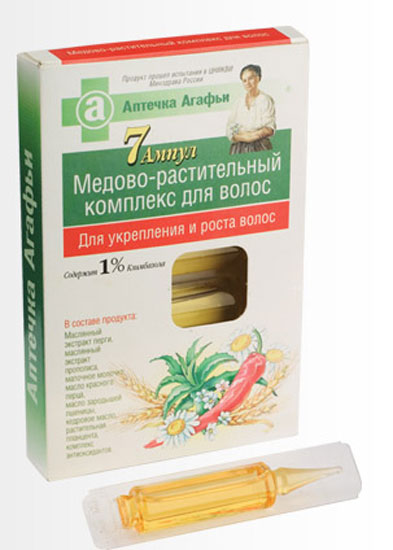 Аптечка Агафьи Комплекс медово-растительный для укрепления и роста волос, 7 апмул х 5 млCF5512F4 Аптечка Агафьи Комплекс медово-растительный для укрепления и роста волос, 7 апмул х 5 млCF5512F4Масляный медово-растительный комплекс в ампулах для укрепления и роста волос обеспечивает интенсивный уход за волосами. Каждая ампула содержит сбалансированные активные вещества: растительную плаценту, соевое масло, кедровое масло, масляный экстракт столетника, масло зародышей пшеницы, масло красного перца, маточное молочко, масляный экстракт прополиса, масляный экстракт перги, масло ромашки, климбазол, комплекс антиоксидантов. Медово-растительный комплекс рекомендуется для всех типов волос. Продукт прошел лабораторные испытания в ЦНИКВИ Минздрава России.