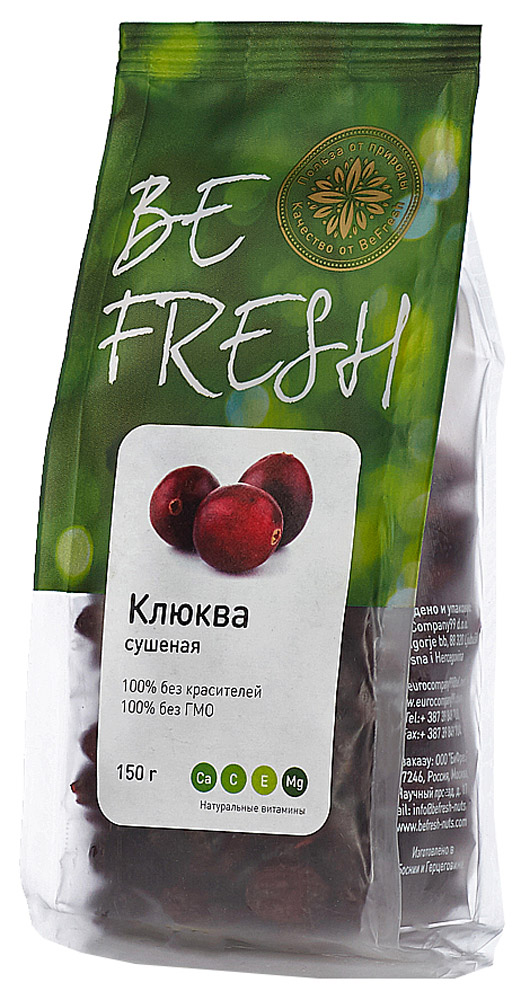 BeFresh клюква сушеная, 150 г0120710 BeFresh клюква сушеная, 150 г0120710Отборная, сладкая и сочная клюква сохраняет все полезные свойства. Идеально подходит в качестве легкой и низкокалорийной добавки к кашам, йогуртам, а также для выпечке и салатам.