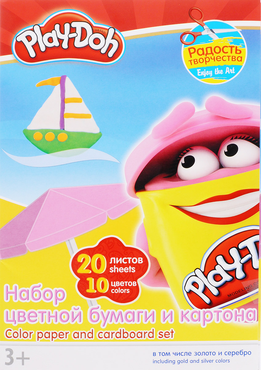 Play-Doh Набор цветной бумаги и картона 20 листов72523WD Play-Doh Набор цветной бумаги и картона 20 листов72523WDНабор цветной бумаги и картона Play-Doh формата А4 идеально подходит для детского творчества: создания аппликаций, оригами и многого другого.В упаковке 20 листов бумаги и картона 10 цветов: золотистый, серебристый, желтый, красный, пурпурный, зелёный, голубой, фиолетовый, коричневый, черный. На обороте набора расположена игра Обведи по точкам. Данная игра прекрасно развивает мелкую моторику рук ребенка.Детские аппликации из цветной бумаги - отличное занятие для развития творческих способностей и познавательной деятельности малыша, а также хороший способ самовыражения ребенка.Рекомендуемый возраст: от 3 лет.
