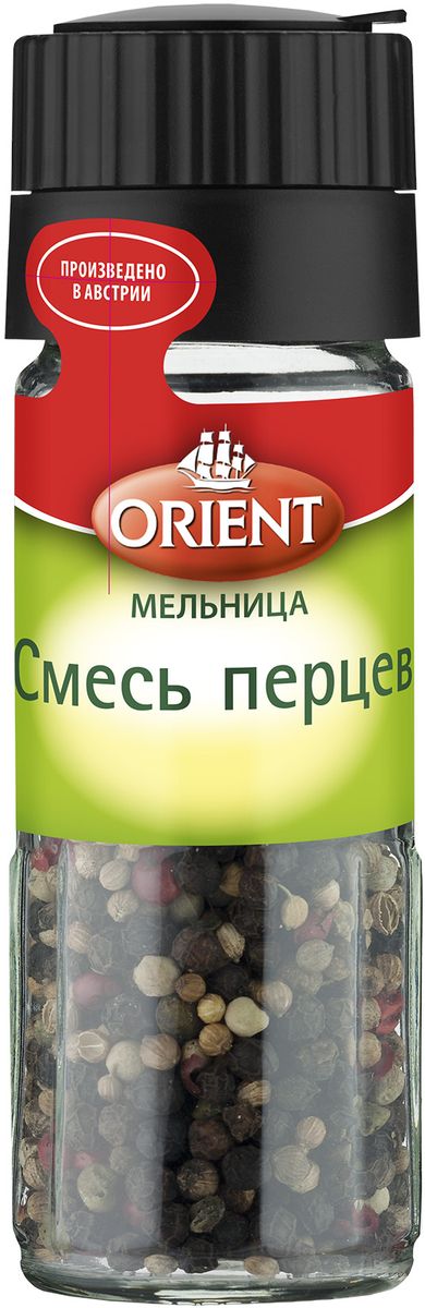 Orient Смесь перцев, 35 г430211 Orient Смесь перцев, 35 г430211Orient Смесь перцев идеально подходит к рыбе, салатам, супам, соусам и различным овощным блюдам.Внимание! Может содержать следы глютеносодержащих злаков, яиц, сои, сельдерея, кунжута, орехов, горчицы, молока (лактозы). Уважаемые клиенты! Обращаем ваше внимание, что полный перечень состава продукта представлен на дополнительном изображении.