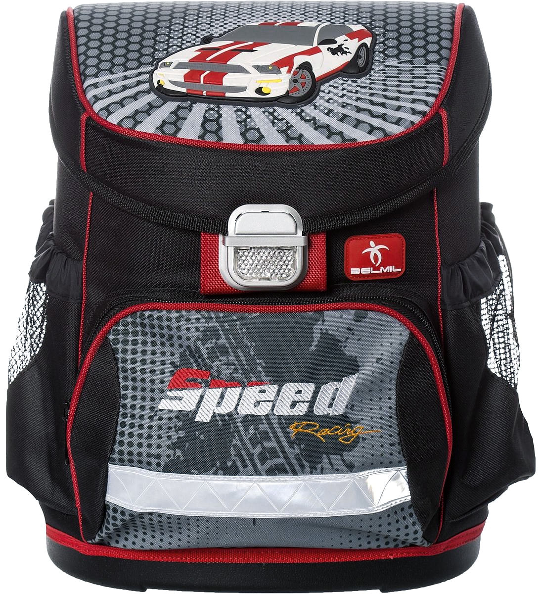Belmil Ранец школьный Speed Racing72523WD Belmil Ранец школьный Speed Racing72523WDРанец школьный Belmil Speed Racing обязательно привлечет внимание вашего школьника. Он выполнен из прочных и высококачественных материалов и оформлен ярким принтом и объемной аппликацией. Содержит одно вместительное отделение, закрывающееся клапаном на замок-защелку. Внутри отделения имеется мягкая перегородка, предназначенная для тетрадей и учебников. На лицевой стороне находится накладной карман, на застежке-молнии.Клапан полностью откидывается, что существенно облегчает пользование ранцем. На внутренней части клапана находится прозрачный пластиковый кармашек, в который можно поместить расписание занятий. Ранец имеет два боковых накладных кармана на шнурке-утяжке.Конструкция спинки дополнена эргономичными подушечками, противоскользящей сеточкой и системой вентиляции для предотвращения запотевания спины ребенка. Мягкие широкие лямки позволяют легко и быстро отрегулировать ранец в соответствии с ростом. Лямки дополнены нагрудными ремнями. Ранец оснащен эргономичной ручкой для удобной переноски в руке и петлей для подвешивания. Высокое пластиковое дно придает ранцу хорошую устойчивость и защиту от загрязнений. Светоотражающие элементы обеспечивают дополнительную безопасность в темное время суток. В комплекте: Светоотражающий брелок.