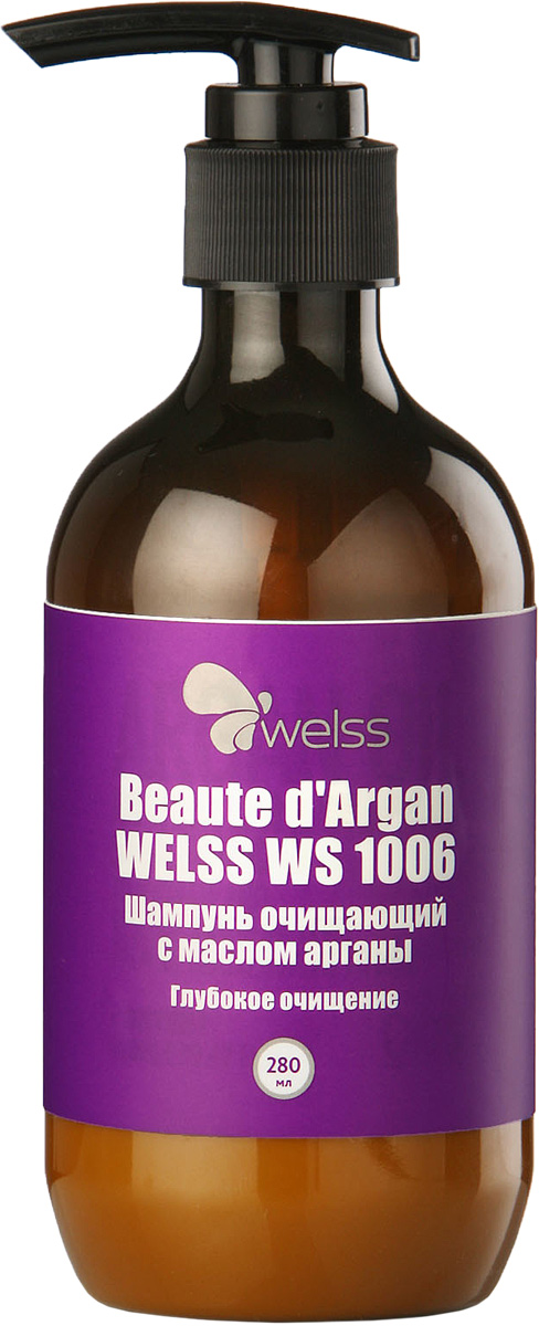 Шампунь очищающий с маслом арганы Beaute d`Argan WELSS WS 1006, 280млCF5512F4 Шампунь очищающий с маслом арганы Beaute d`Argan WELSS WS 1006, 280млCF5512F4Комбинация очищающих агентов, разработанная специалистами компании WELSS, глубоко очищает кожу головы и волосы по всей длине.Шампунь удаляет остатки укладочных средств и хлора, помогает регулировать баланс влажности, максимально подготавливает волосы к окрашиванию и химической завивке.