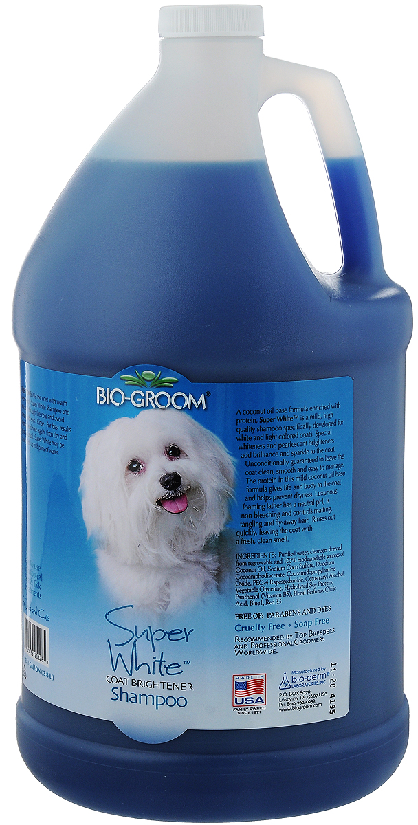 Шампунь Bio-Groom Super White, для собак и кошек, супербелый, 3,8 л0120710 Шампунь Bio-Groom Super White, для собак и кошек, супербелый, 3,8 л0120710Оттеночный белый шампунь Bio-Groom Super White, предназначенный для собак и кошек, мягко осветляет шерсть животного, одновременно бережно очищая её от загрязнения.Протеин, содержащийся в составе шампуня, увлажняет кожу и шерсть животного, предотвращая её от спутывания.Шампунь легко смывается, восстанавливая естественный здоровый блеск волос вашего питомца. Концентрирован 1:4. Инструкция по применению: Намочите шерсть. Нанесите шампунь, взбейте обильную пену. Используйте концентрированный шампунь или в разведенном виде, в зависимости от состояния шерсти. Сполосните, затем высушите и продолжите подготовку как обычно. Объём 3,8 л.