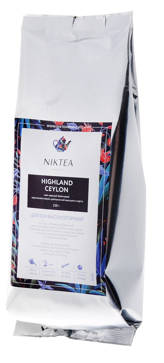 Niktea Highland Сeylon черный листовой чай, 250 г0120710 Niktea Highland Сeylon черный листовой чай, 250 г0120710Niktea Highland Сeylon - отборный черный листовой чай с плантаций острова Шри-Ланка, отличается выразительным букетом и особой крепостью.NikTea следует правилу качество чая - это отражение качества жизни и гарантирует:Тщательно подобранные рецептуры в коллекции топовых позиций-бестселлеров.Контролируемое производство и сертификацию по международным стандартам.Закупку сырья у надежных поставщиков в главных чаеводческих районах, а также в основных центрах тимэйкерской традиции - Германии и Голландии.Постоянство качества по строго утвержденным стандартам.NikTea - это два вида фасовки - линейки листового и пакетированного чая в удобной технологичной и информативной упаковке. Чай обладает многофункциональным вкусоароматическим профилем и подходит для любого типа кухни, при этом постоянно осуществляет оптимизацию базовой коллекции в соответствии с новыми тенденциями чайного рынка.Листовая коллекция NikTea представлена в герметичной фольгированной упаковке, которая эффективно предохраняет чай от воздействия света, влаги и посторонних запахов, обеспечивая длительное хранение. Каждая упаковка снабжена этикеткой с подробным описанием чая, его состава, а также способа заваривания.