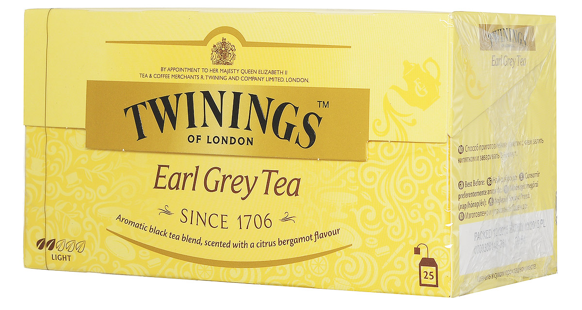Twinings Earl Grey Tea черный ароматизированный чай в пакетиках, 25 шт0120710 Twinings Earl Grey Tea черный ароматизированный чай в пакетиках, 25 шт0120710Twinings Earl Grey- ароматная смесь черного чая с цитрусовым вкусом бергамота.