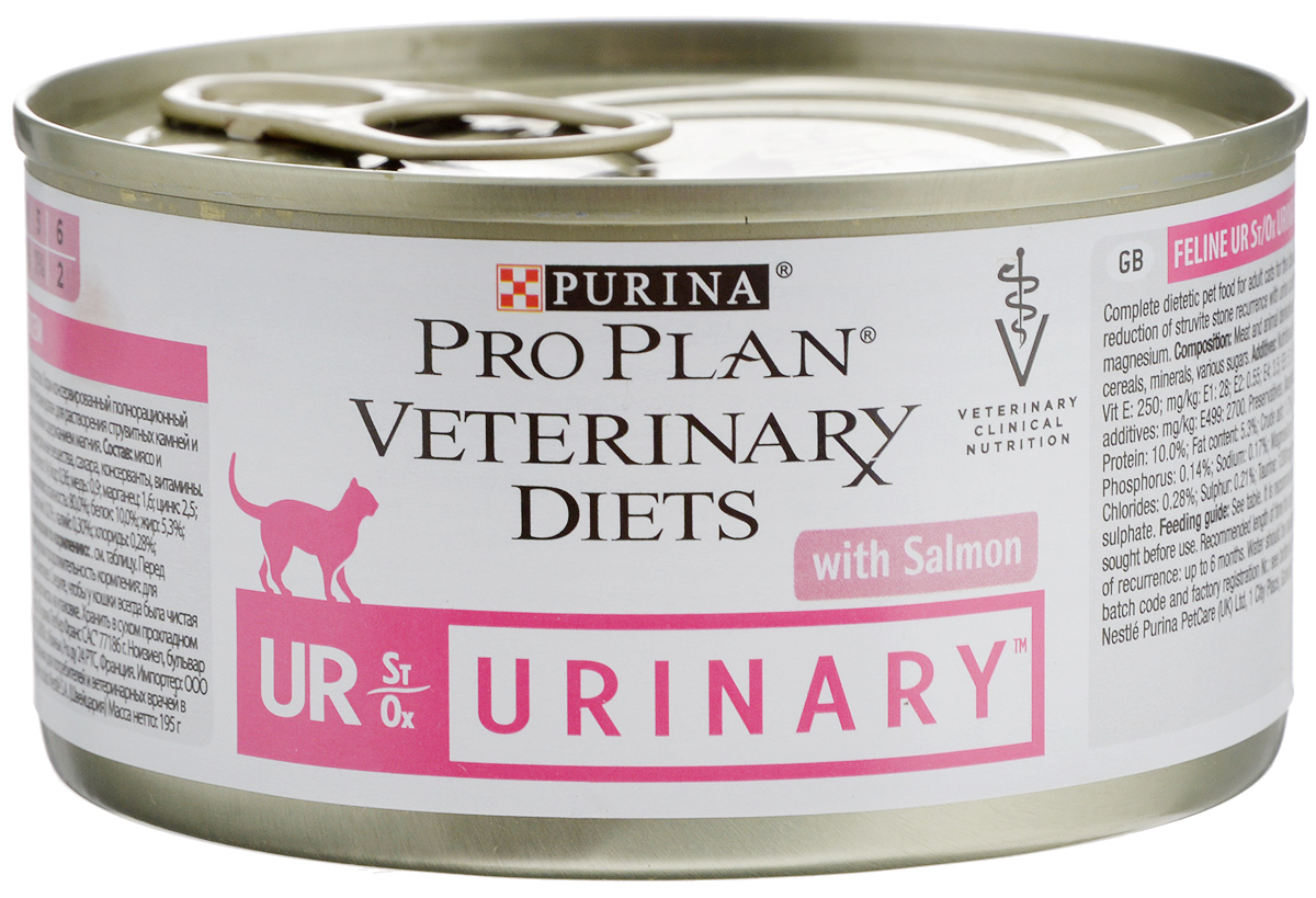 Консервы для кошек Purina Veterinary Diets UR, при мочекаменной болезни, мусс с лососем, 195 г0120710 Консервы для кошек Purina Veterinary Diets UR, при мочекаменной болезни, мусс с лососем, 195 г0120710Корм Purina Veterinary Diets UR разработан для взрослых кошек, страдающих мочекаменной болезнью. Корм является полнорационным и сбалансированным питанием со свойствами подкисления мочи и низким уровнем магния для растворения камней в мочевыводящих путях и снижения образования таких камней.Состав: мясо и продукты его переработки, рыба и продукты ее переработки (лосось 4%), злаки, минеральные вещества, сахара, витамины. Вещество, способствующее подкислению мочи: фосфорная кислота.Добавленные вещества: МЕ/кг: витамин А 980, витамин D3 130, витамин Е 250, мг/кг: железо 28, йод 0.55, медь 3.5, марганец 5,1, цинк 70, селен 0.046. Технологические добавки: стабилизатор Е499 2700 мг/кг. С консервантами.Гарантируемые показатели: влажность 80%, белок 10%, жир 5,3%, сырая зола 1,7%, сырая клетчатка 0,5%, кальций 0,14%, фосфор 0,14%, натрий 0,17%, магний 0,02%, калий 0,3%, хлориды 0,28%, сера 0,21%, таурин 1480 мг/кг.Товар сертифицирован.