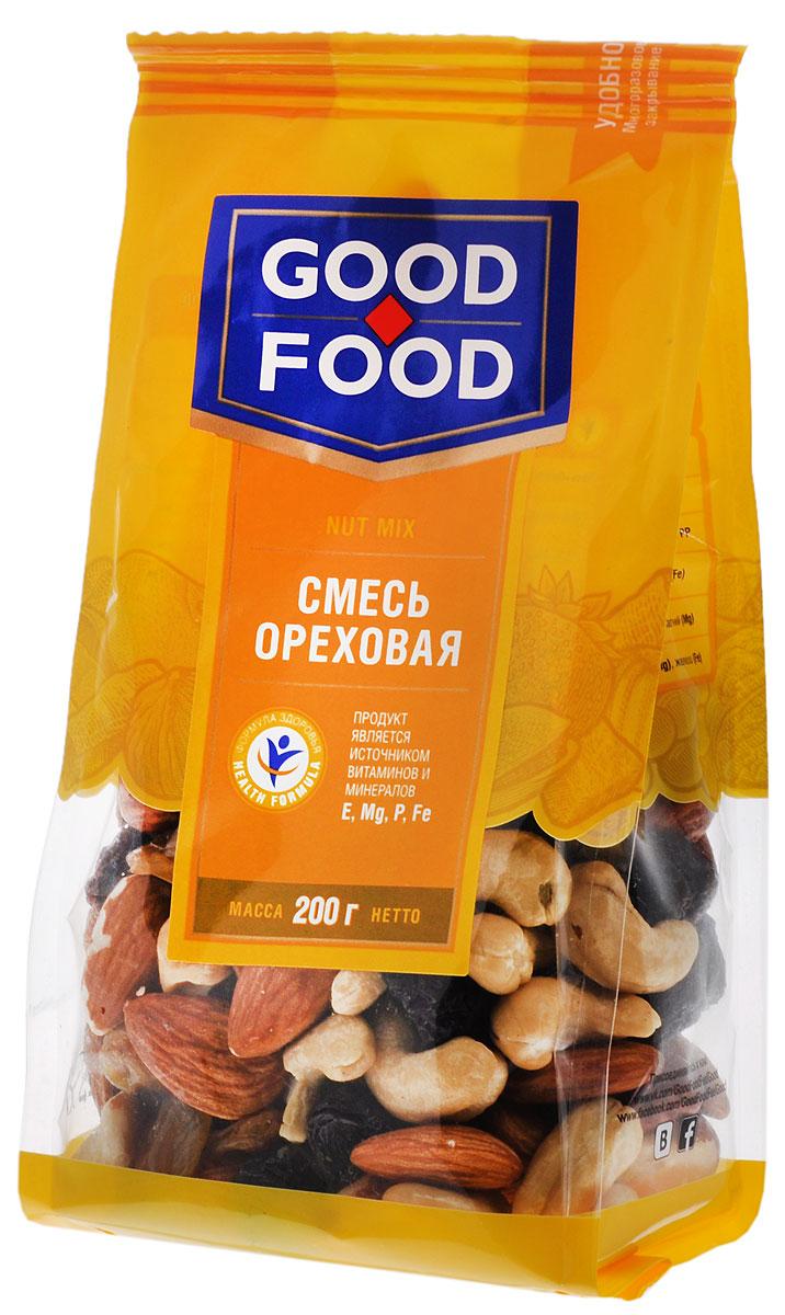 Good Food смесь ореховая, 200 г0120710 Good Food смесь ореховая, 200 г0120710Смесь Ореховая - это вкусный и полезный снек. Смесь включает в себя бразильский орех, изюм golden и black jumbo, кешью, миндаль и фундук.
