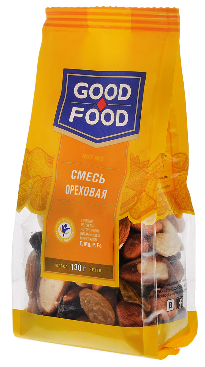 Good Food смесь ореховая, 130 г0120710 Good Food смесь ореховая, 130 г0120710Смесь Ореховая - это вкусный и полезный снек. Смесь включает в себя бразильский орех, изюм golden и black jumbo, кешью, миндаль и фундук.