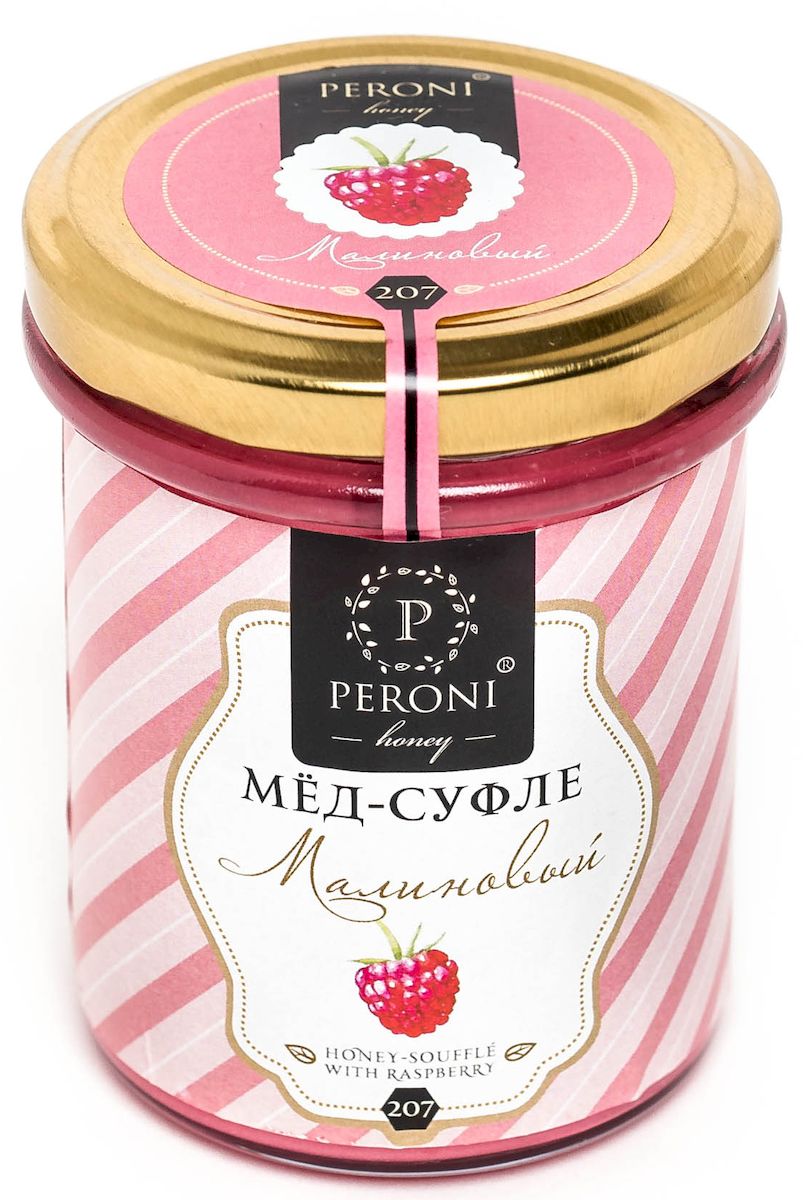 Peroni Малиновый мёд-суфле, 250 г0120710 Peroni Малиновый мёд-суфле, 250 г0120710Сочетание яркой сочной малины и нежного мёда-суфле дают невероятный фейерверк вкуса. Вы окунаетесь в атмосферу теплого летнего сада, наполненного солнцем и радостью. Она придаст изысканности вашему завтраку, выпечке или напиткам.Мёд-суфле уже давно завоевал сердца европейских потребителей этого лакомства, а на российском рынке такую новинку только начинает ценить широкая публика. Её рождение вызвано спросом потребителя на более лёгкий мёд с необычным и нежным вкусом.Для получения мёда-суфле используются специальные технологии. Мёд долго вымешивается при определенной скорости, после чего его выдерживают при температуре 12-14°С, тем самым закрепляя его нужную консистенцию. Все полезные свойства мёда при этом сохраняются.