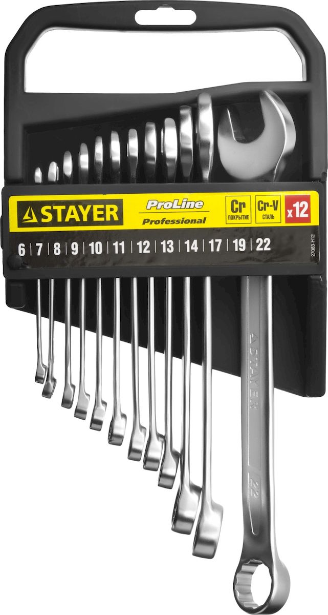 Набор ключей комбинированных Stayer Professional, 12 предметов98298123_черный Набор ключей комбинированных Stayer Professional, 12 предметов98298123_черныйНабор комбинированных гаечных ключей Stayer Professional предназначен для профессионального применения в решении сантехнических, строительных и авторемонтных задач, а также для бытового использования. Ключи изготовлены из высококачественной хромованадиевой стали.Размеры ключей: 6, 7, 8, 9, 10, 12, 13, 14, 17, 19, 22 мм.