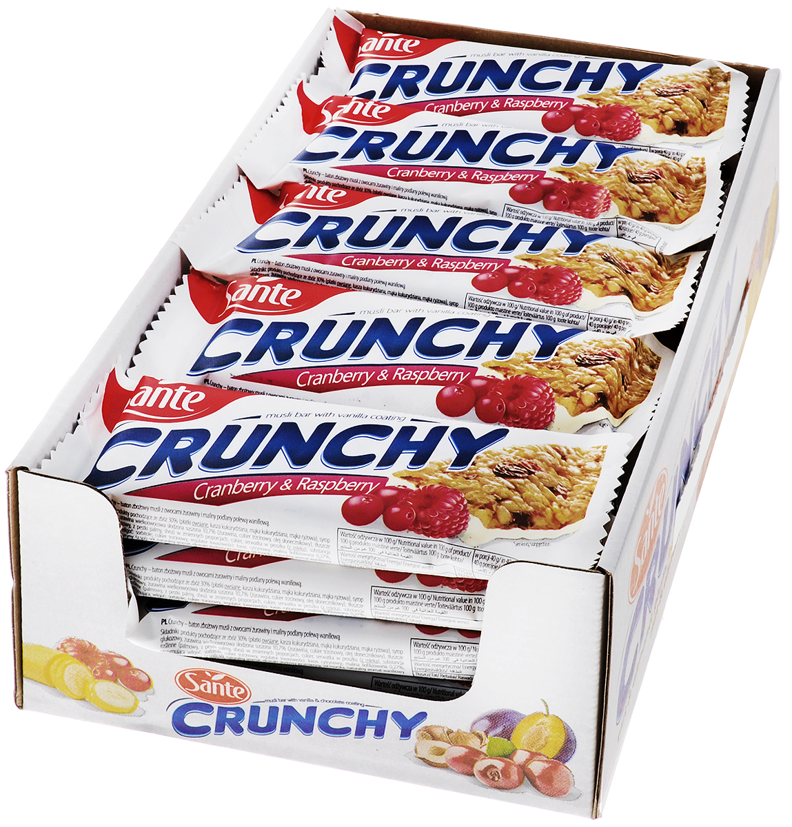 Sante Crunchy батончик мюсли с клюквой и малиной в ванильной глазури, 40 г (25 шт)4620000677222 Sante Crunchy батончик мюсли с клюквой и малиной в ванильной глазури, 40 г (25 шт)4620000677222Батончик мюсли Sante Crunchy имеет высокую питательную ценность и прекрасные вкусовые качества. Батончики являются прекрасной альтернативой высококалорийным шоколадным батончикам.