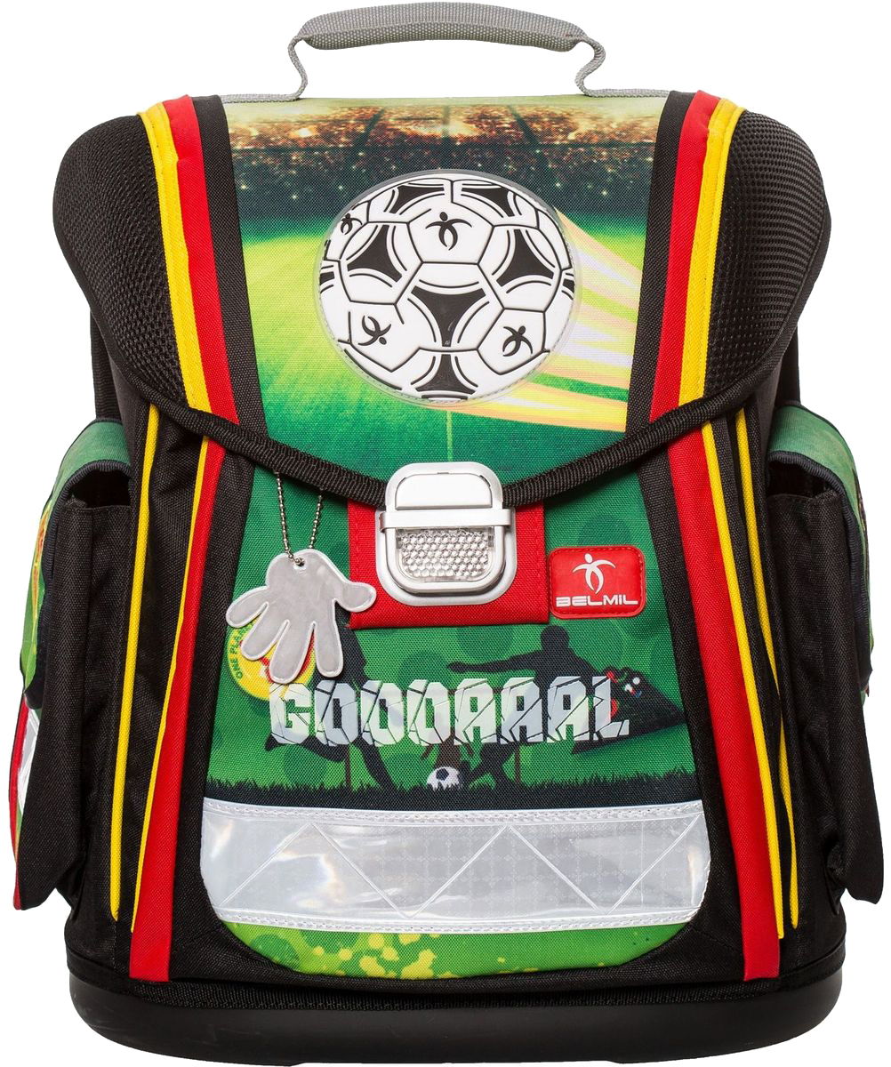 Belmil Ранец школьный Goal72523WD Belmil Ранец школьный Goal72523WDШкольный ранец Belmil Goal привлечет внимание юных любителей футбола. Ранец выполнен из прочных и высококачественных материалов.Содержит одно вместительное отделение, закрывающееся клапаном на застежку-защелку. Внутри отделения имеется мягкая перегородка для тетрадей или учебников. Под клапаном на лицевой стороне находятся два открытых кармана, фиксирующиеся хлястиком на липучке. В одном кармане имеются два небольших открытых кармашка. Клапан полностью откидывается, что существенно облегчает пользование ранцем. На внутренней части клапана находится прозрачный пластиковый кармашек, в который можно поместить расписание занятий. Ранец имеет два боковых кармана, закрывающиеся клапанами на липучке.Жесткий каркас и анатомическая форма спинки способствуют равномерному распределению нагрузки и формированию правильной осанки. Конструкция спинки дополнена эргономичными подушечками, противоскользящей сеточкой и системой вентиляции для предотвращения запотевания спины ребенка. Мягкие широкие лямки позволяют легко и быстро отрегулировать ранец в соответствии с ростом. В нижней части лямок предусмотрены фиксаторы для куртки. Ранец оснащен эргономичной и текстильной ручками для удобной переноски в руке, а также петлей для подвешивания. Высокое пластиковое дно придает ранцу хорошую устойчивость и защиту от загрязнений. Светоотражающие элементы обеспечивают дополнительную безопасность в темное время суток. К ранцу прилагается брелок-светоотражатель.Многофункциональный школьный ранец станет незаменимым спутником вашего ребенка в походах за знаниями.Вес ранца без наполнения: 1100 грамм.Максимальный вес содержимого ранца - 9 кг.