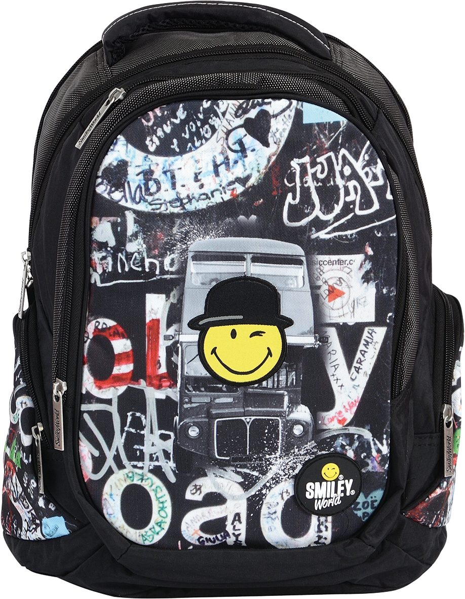 Proff Рюкзак детский Smiley World72523WD Proff Рюкзак детский Smiley World72523WDРюкзак молодежный Proff Smiley World предназначен для хранения и транспортировки личных вещей.Он выполнен из прочного материла и дополнен изображением в виде смайлика.Рюкзак состоит из двух вместительных отделений, закрывающихся на застежки-молнии. Большое отделение дополнено мягким карманом на липучке для планшета.На лицевой стороне расположен накладной карман на молнии, внутри которого имеется открытый накладной карман, 4 небольших кармашка для канцелярских принадлежностей и брелок для ключей. Между отделением и накладным внешним карманом имеется специальный небольшой кармашек, который можно использовать для мобильного телефона. Рюкзак оснащен двумя накладными боковыми карманами на застежке-молнии. Конструкция спинки дополнена противоскользящей сеточкой для предотвращения запотевания спины. Мягкие широкие лямки позволяют легко и быстро отрегулировать рюкзак в соответствии с ростом. Анатомическая форма лямок обеспечивает более плотную фиксацию рюкзака, предотвращая перенапряжение мышц спины. Рюкзак оснащен удобной текстильной ручкой для переноски в руке.Этот рюкзак можно использовать школьникам, для повседневных прогулок, отдыха и спорта, а также как элемент вашего имиджа.Рекомендуемый возраст: от 10 лет.