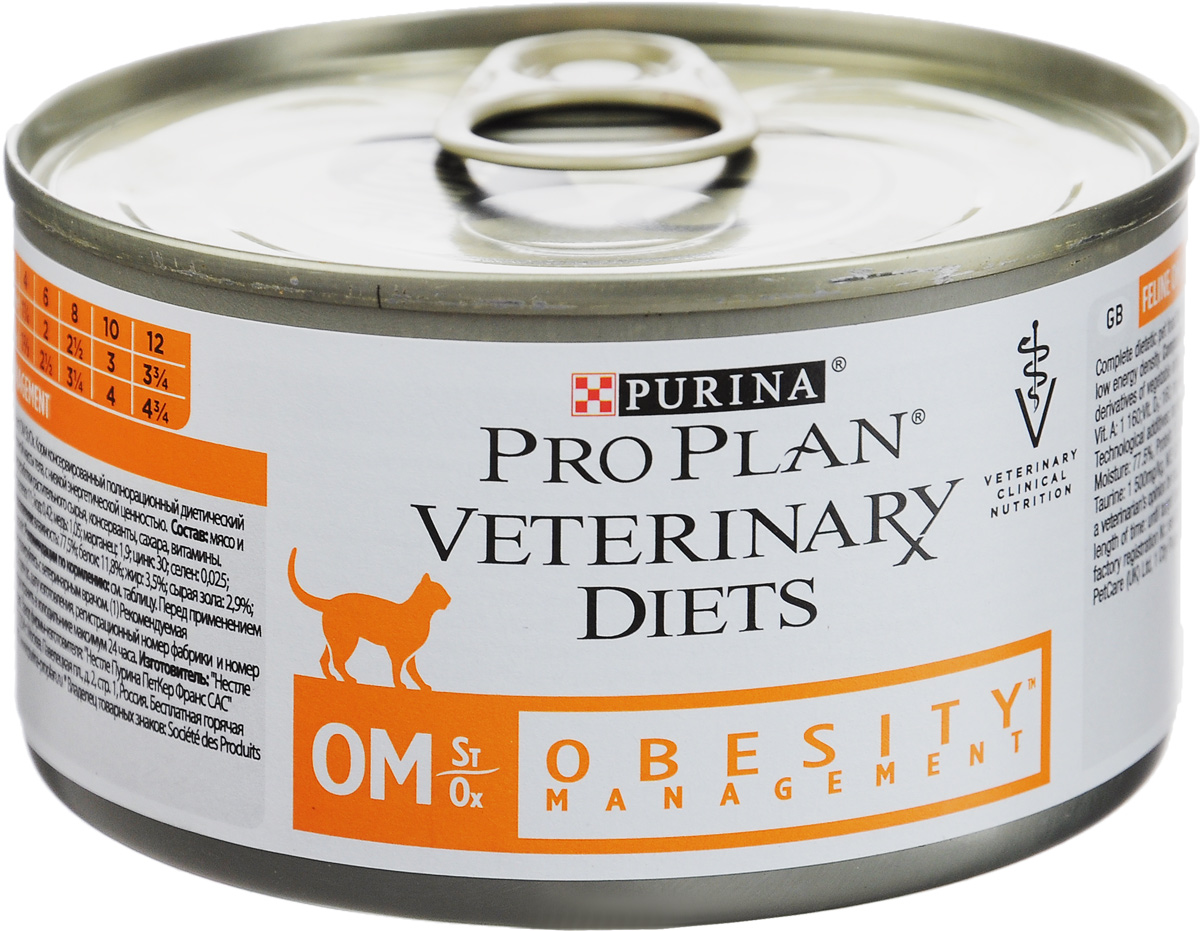 Консервы для кошек Pro Plan Veterinary Diets. OM, при ожирении, 195 г0120710 Консервы для кошек Pro Plan Veterinary Diets. OM, при ожирении, 195 г0120710Консервы Pro Plan Veterinary Diets. OM - полнорационный диетический корм для взрослых кошек при ожирении. Корм рекомендуется для снижения избыточной массы тела, имеет низкокалорийную рецептуру. Товар сертифицирован.