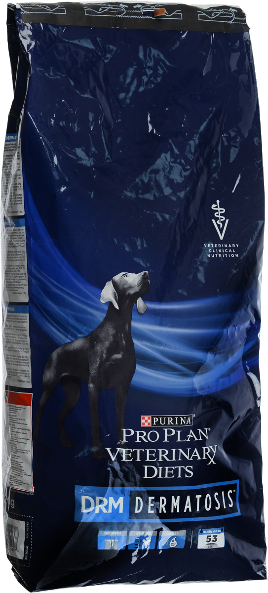 Корм сухой Pro Plan Veterinary Diets. DRM для собак при дерматозах, 12 кг0120710 Корм сухой Pro Plan Veterinary Diets. DRM для собак при дерматозах, 12 кг0120710Сухой полнорационный диетический корм Pro Plan Veterinary Diets. DRM предназначен для взрослых собак при дерматозах. Рекомендуется для поддержания здоровья кожи при дерматозах и сильном выпадении шерсти. Корм с высоким содержанием незаменимых жирных кислот и ограниченным количеством специально отобранных источников белка. Для собак весом более 70 кг: на каждые дополнительные 5 кг веса добавляйте 30 г корма. Рекомендуемая продолжительность кормления - до 2 месяцев. Перед использованием проконсультируйтесь с ветеринарным врачом. Следите, чтобы у собаки всегда была питьевая вода.Товар сертифицирован.
