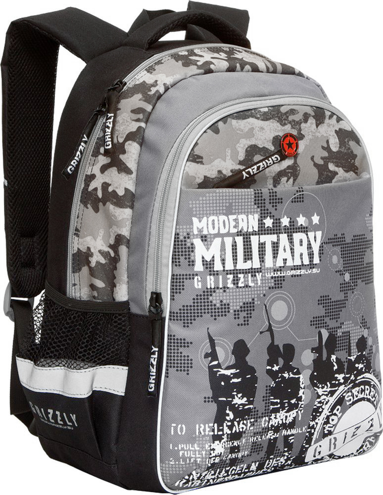 Grizzly Рюкзак детский Modern Military цвет черный серый72523WD Grizzly Рюкзак детский Modern Military цвет черный серый72523WDДетский рюкзак Grizzly Modern Military - это стильный рюкзак, который подойдет всем, кто хочет разнообразить свои школьные будни. Рюкзак выполнен из плотного полиэстера черного и серого цветов.Благодаря уплотненной спинке и двум мягким плечевым ремням, длина которых регулируется, у ребенка не возникнут проблемы с позвоночником. Конструкция спинки дополнена двумя эргономичными подушечками, противоскользящей сеточкой и системой вентиляции для предотвращения запотевания спины ребенка.Рюкзак состоит из двух основных вместительных отделений, закрывающихся на застежки-молнии. Большое основное отделение содержит небольшой пришивной карман на молнии и два мягких разделителя для тетрадей и учебников, фиксирующихся резинкой. Дно рюкзака можно сделать жестким, разложив специальную панель с пластиковой вставкой, что повышает сохранность содержимого рюкзака и способствует правильному распределению нагрузки. Во втором отделении карманов нет. Лицевая сторона оснащена вместительным карманом на застежке-молнии. По бокам рюкзака расположены два небольших сетчатых кармана на резинке.Для удобной переноски предусмотрена эргономичная ручка и петля для подвешивания. Рюкзак оснащен светоотражающими элементами.Такой школьный рюкзак станет незаменимым спутником вашего ребенка в походах за знаниями.