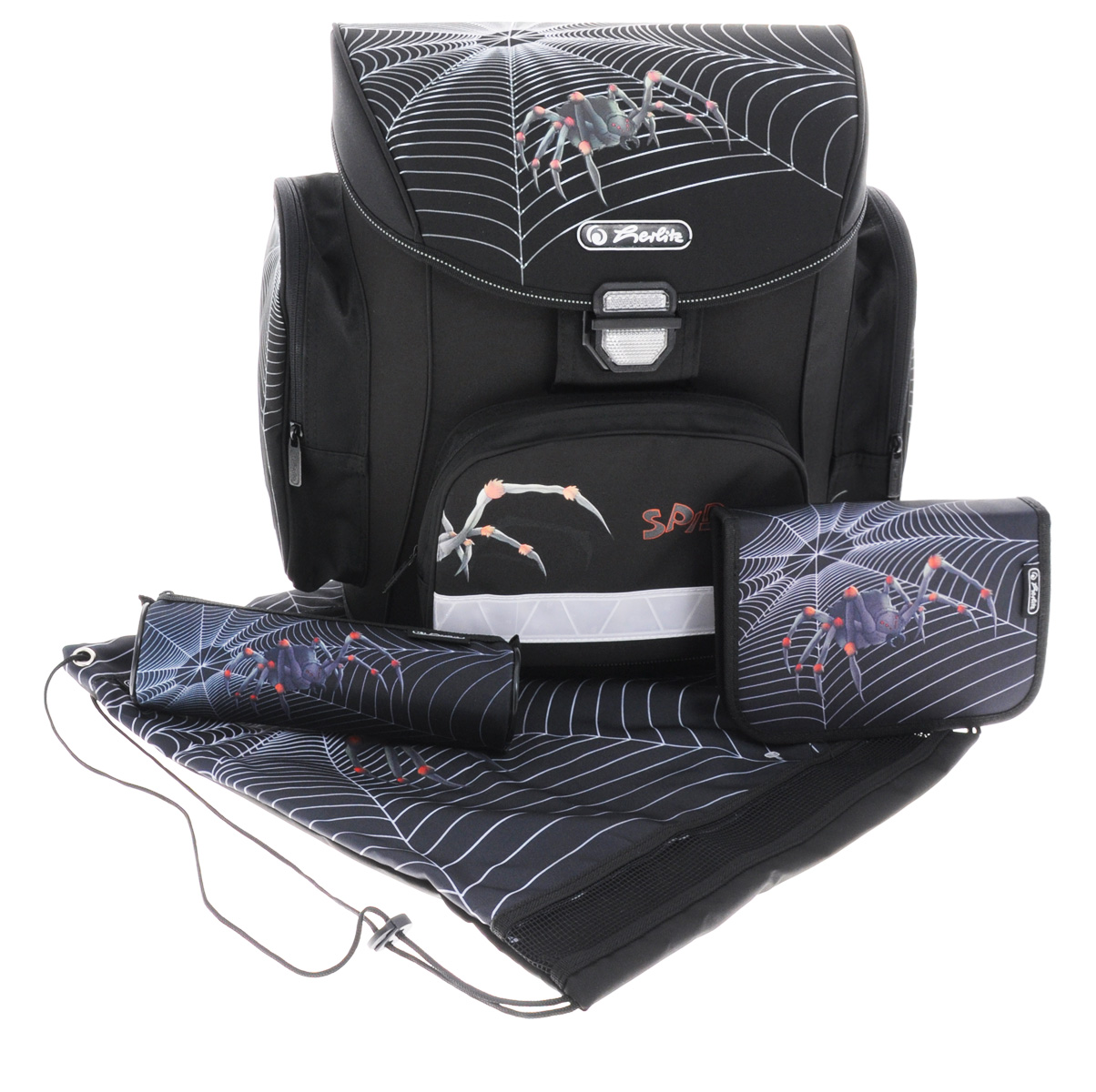 Herlitz Ранец школьный Spider с наполнением 3 предмета72523WD Herlitz Ранец школьный Spider с наполнением 3 предмета72523WDШкольный ранец Herlitz Spider выполнен из материалов высшего качества с водоотталкивающей пропиткой.Содержит одно вместительное отделение, закрывающееся клапаном на замок-защелку. Внутри отделения мягкая перегородка для тетрадей или учебников и небольшой навесной кармашек на молнии. Клапан полностью откидывается, что существенно облегчает пользование ранцем. На внутренней части клапана находится прозрачный пластиковый кармашек, в который можно поместить расписание занятий. Ранец имеет два боковых кармана на застежках-молниях. Лицевая сторона ранца оснащена накладным карманом на застежке-молнии. Конструкция спинки дополнена эргономичными подушечками, противоскользящей сеточкой и системой вентиляции для предотвращения запотевания спины ребенка. Мягкие широкие лямки анатомической формы позволяют легко и быстро отрегулировать ранец в соответствии с ростом. Надежная ручка для переноски ранца в руке удобна как для ребенка, так и для его родителей. Высокое прочное дно из пластика обеспечивает ранцу хорошую устойчивость и защиту от загрязнений. Светоотражающие элементы придают дополнительную безопасность в темное время суток.В комплекте с ранцем предусмотрено наполнение: Пенал-тубус на молнии. Размер пенала: 21,5 см х 6 см х 6 см. Сумка для сменной обуви. Сумка оснащена сетчатой вставкой в нижней части для вентиляции. Затягивается сумка на прочный шнурок. Размер сумки: 41,5 см х 36 см. Пенал на молнии с наполнением. Внутри пенала находятся 12 цветных карандашей, один простой карандаш, стерка, двойная точилка, линейка. Имеется дополнительное место для ручки. Размер пенала: 19,5 см х 13,5 см х 3 см. Многофункциональный школьный ранец станет незаменимым спутником вашего ребенка в походах за знаниями.Рекомендуемый возраст: от 6 лет.