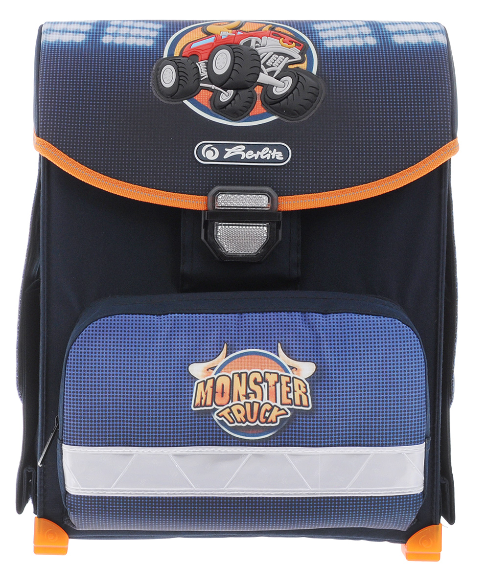 Herlitz Ранец школьный Monster Truck72523WD Herlitz Ранец школьный Monster Truck72523WDЯркий школьный ранец Herlitz Monster Truck линейки ранцев Smart обязательно привлечет внимание школьника. Ранец выполнен из материалов высшего качества с водоотталкивающей пропиткой.Содержит одно вместительное отделение, закрывающееся клапаном на удобный защелкивающийся замок со встроенным светоотражателем, который легко открывать и закрывать. Внутри отделения имеется мягкая перегородка для тетрадей или учебников. Клапан полностью откидывается, что существенно облегчает пользование ранцем. На внутренней части клапана находится прозрачный пластиковый кармашек, в который можно поместить расписание занятий. Ранец имеет два боковых кармана, закрывающихся клапанами на липучки. Лицевая сторона ранца оснащена накладным карманом на застежке-молнии, который отлично подойдет для пенала.Конструкция спинки ранца дополнена эргономичными подушечками, противоскользящей сеточкой и системой вентиляции для предотвращения запотевания спины ребенка. Мягкие широкие лямки позволяют легко и быстро отрегулировать изделие в соответствии с ростом. Надежная ручка для переноски ранца в руке удобна как для ребенка, так и для его родителей. Пластиковые ножки на дне ранца обеспечивают хорошую устойчивость и защиту от загрязнений. Светоотражающие элементы придают дополнительную безопасность в темное время суток.Многофункциональный школьный ранец станет незаменимым спутником вашего ребенка в походах за знаниями.Вес ранца без наполнения: 1 кг. Рекомендуемый возраст: от 6 лет.