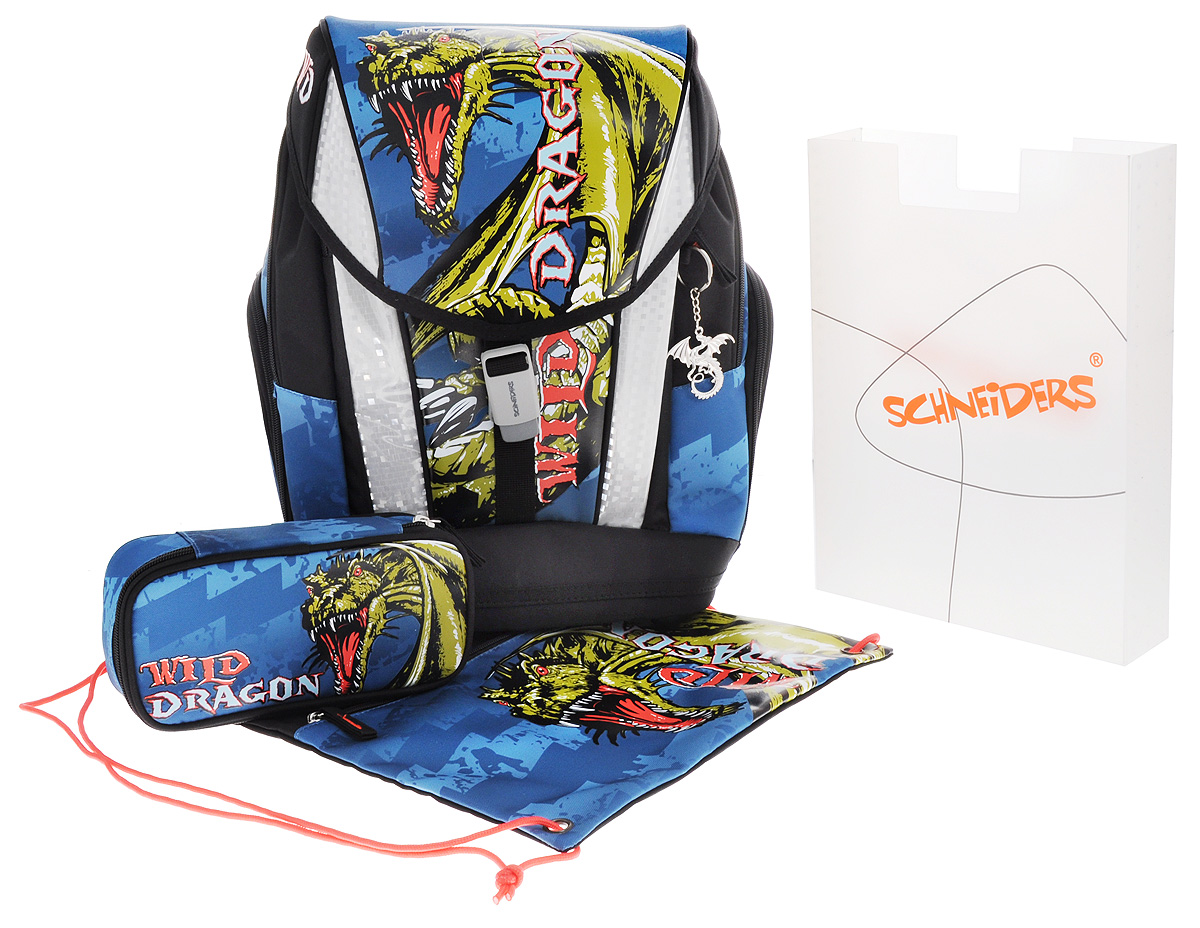 Schneiders Ранец школьный Toolbag Wild Dragon с наполнением 3 предмета72523WD Schneiders Ранец школьный Toolbag Wild Dragon с наполнением 3 предмета72523WDШкольный ранец Toolbag Wild Dragon сочетает в себе модный вид рюкзака и эргономичность школьного ранца. Ранец имеет два отделения, закрывающиеся на молнию и клапан с магнитной застежкой. Под откидным клапаном расположено окошко для расписания уроков. Внутри главного отделения расположен накладной открытый карман и разделитель, предназначенный для размещения предметов без сложения, размером до формата А4 включительно. В другом отделении имеется открытый накладной кармашек для мобильного телефона. Снаружи ранец украшен металлической подвеской в виде дракона.По бокам ранца размещены два дополнительных накладных кармана на молниях, в одном из них находится дополнительный сетчатый карман для бутылочки с водой. Модель оснащена четырьмя уровнями фиксации. Система регулировки высоты позволяет идеально подогнать ранец под анатомию спины ребенка. Ремень на поясе и грудная стяжка гарантируют оптимальное распределение нагрузки, а новая магнитная система Snap Push позволяет легко открывать и закрывать ранец. Светоотражающие элементы обеспечивают безопасность ребенка на дороге в темное время суток. Плотное дно ранца выполнено из водонепроницаемого материала. Ножки из прочного пластика придают устойчивость и защищают ранец от влаги и грязи.Многофункциональный школьный ранец Toolbag Wild Dragon станет незаменимым спутником вашего ребенка в походах за знаниями. В комплекте с ранцем предусмотрено наполнение: Пластиковая прозрачная папка-бокс для тетрадей и бумаг формата А4. Размер папки: 31см х 24 см х 5 см. Сумка для сменной обуви. Сумка с карманом на молнии на лицевой стороне. С другой стороны сумки расположен прозрачный кармашек для личных данных. Сумка затягивается на прочный шнурок. Размер сумки: 38,5 см х 32 см. Пенал с одним отделением на молнии. Внутри пенала есть свободное пространство для мелочей, карман на молнии, два открытых кармашка для визиток и двойной клапан. На клапане расположено 20 петель на резинке для пишущих принадлежностей. Размер пенала: 21 см х 11см х 5,5 см.