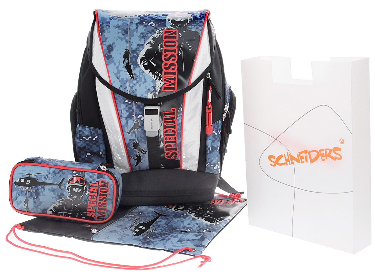 Schneiders Ранец школьный Toolbag Special Mission с наполнением 3 предмета72523WD Schneiders Ранец школьный Toolbag Special Mission с наполнением 3 предмета72523WDШкольный ранец Toolbag Special Mission сочетает в себе модный вид рюкзака и эргономичность школьного ранца. Ранец имеет одно отделение, закрывающееся на молнию и клапан с магнитной застежкой. Под откидным клапаном расположено окошко для расписания уроков. Внутри отделения расположен накладной открытый карман, разделитель, предназначенный для размещения предметов без сложения, размером до формата А4 включительно, и открытый накладной кармашек для мобильного телефона. Под клапаном расположен глубокий внешний карман на молнии. Снаружи ранец украшен металлической подвеской в виде фонарика на карабине.По бокам ранца размещены два дополнительных накладных кармана на молниях, в одном из них находится дополнительный сетчатый карман для бутылочки с водой. Модель оснащена четырьмя уровнями фиксации. Система регулировки высоты позволяет идеально подогнать ранец под анатомию спины ребенка. Ремень на поясе и грудная стяжка гарантируют оптимальное распределение нагрузки, а новая магнитная система Snap Push позволяет легко открывать и закрывать ранец. Светоотражающие элементы обеспечивают безопасность ребенка на дороге в темное время суток. Плотное дно ранца выполнено из водонепроницаемого материала. Ножки из прочного пластика придают устойчивость и защищают ранец от влаги и грязи.Многофункциональный школьный ранец Toolbag Special Mission станет незаменимым спутником вашего ребенка в походах за знаниями. В комплекте с ранцем предусмотрено наполнение: Пластиковая прозрачная папка-бокс для тетрадей и бумаг формата А4. Размер папки: 31см х 24 см х 5 см. Сумка для сменной обуви. Сумка с карманом на молнии на лицевой стороне. С другой стороны сумки расположен прозрачный кармашек для личных данных. Сумка затягивается на прочный шнурок. Размер сумки: 38,5 см х 32 см. Пенал с одним отделением на молнии. Внутри пенала есть свободное пространство для мелочей, карман на молнии, два открытых кармашка для визиток и двойной клапан. На клапане расположено 20 петель на резинке для пишущих принадлежностей. Размер пенала: 21 см х 11см х 5,5 см.