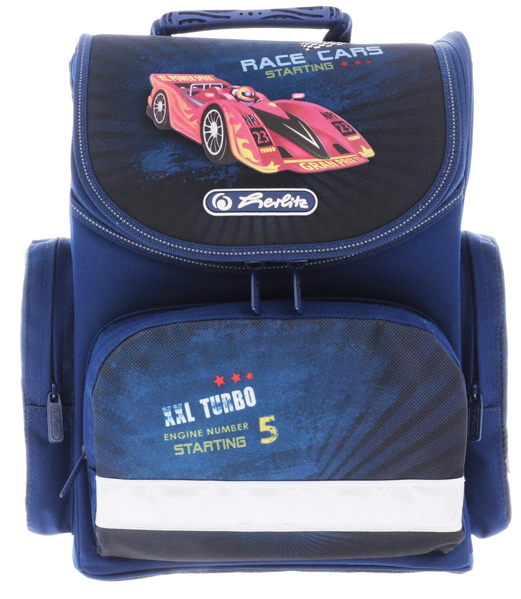 Herlitz Ранец школьный Race Cars72523WD Herlitz Ранец школьный Race Cars72523WDШкольный ранец Herlitz Mini. Race Cars выполнен из легкого и прочного материала.Ранец имеет одно основное отделение, закрывающееся на молнию с двумя бегунками. Клапан полностью откидывается, что существенно облегчает пользование ранцем. На внутренней части клапана находится прозрачный пластиковый кармашек, в который можно поместить данные о владельце ранца.Внутри главного отделения расположена мягкая перегородка для тетрадей или учебников. На лицевой стороне ранца расположен накладной карман на застежке-молнии. По бокам ранца размещены два накладных кармана на молнии.Ортопедическая спинка, созданная по специальной технологии из дышащего материала, равномерно распределяет нагрузку на плечевые суставы и спину. В нижней части спинки расположен поясничный упор - небольшой валик, на который при правильном ношении ранца будет приходиться основная нагрузка.Изделие оснащено удобной ручкой для переноски в руке и двумя широкими лямками, регулируемой длины. У ранца имеются светоотражатели. Дно ранца из прочного материала легко очищается от загрязнений.Многофункциональный школьный ранец станет незаменимым спутником вашего ребенка в походах за знаниями.Вес ранца без наполнения: 1 кг.Рекомендуемый возраст: от 6 лет.