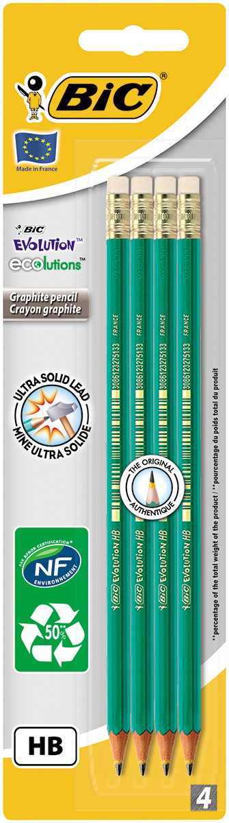 Bic Набор чернографитных карандашей Evolution с ластиком 4 шт72523WD Bic Набор чернографитных карандашей Evolution с ластиком 4 шт72523WDНабор Bic Evolution включает четыре шестигранных чернографитных карандаша с ластиками. Карандаши полностью выполнены из пластика, обладают высокой степенью устойчивости к излому, ударопрочным грифелем и ярким дизайном.