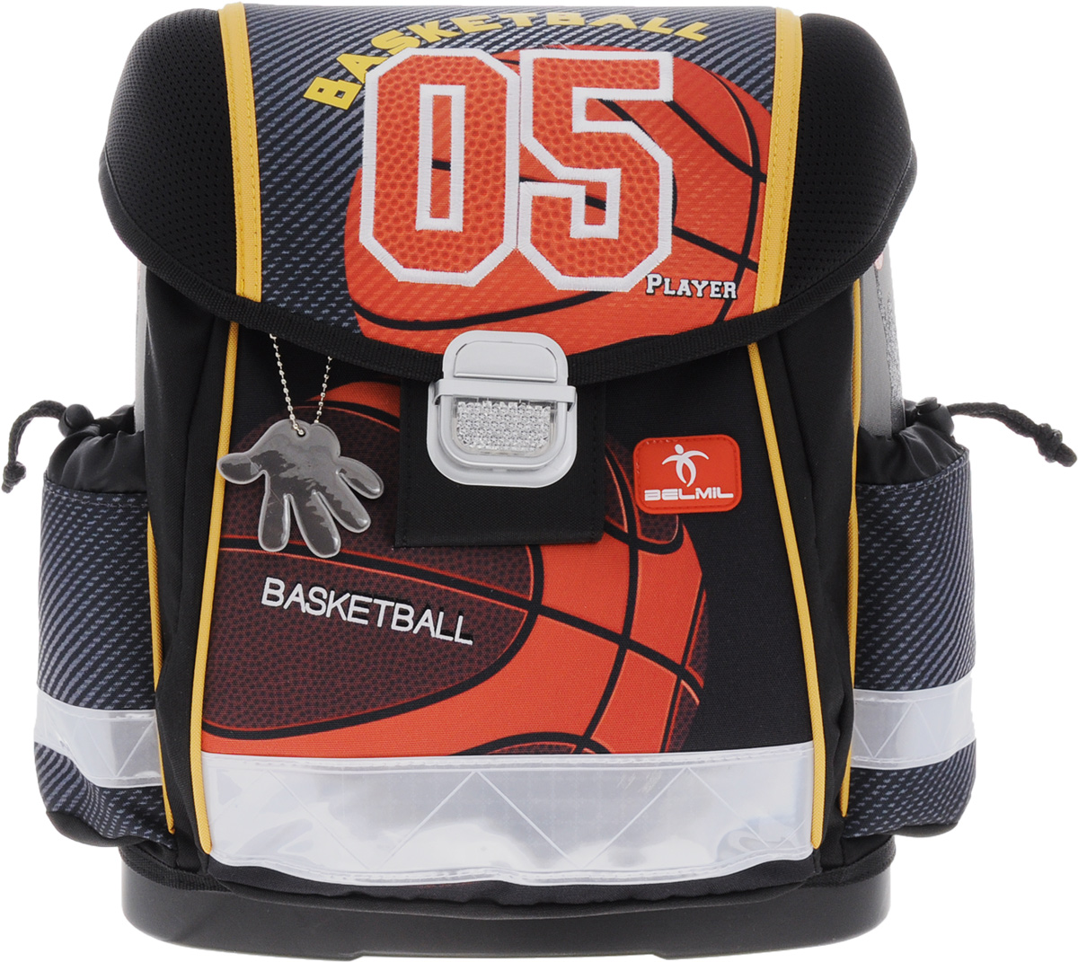 Belmil Ранец школьный Basketball72523WD Belmil Ранец школьный Basketball72523WDШкольный ранец Belmil Basketball с вентилируемой спинкой выполнен в современном эргономичном дизайне.Содержит ранец одно вместительное отделение, закрывающееся клапаном на замок-защелку со светоотражающим элементом. Внутри отделения имеются две перегородки для тетрадей или учебников. Клапан полностью откидывается, что существенно облегчает пользование ранцем. На внутренней части клапана находится прозрачный пластиковый кармашек, в который можно поместить расписание занятий. Ранец оснащен двумя боковыми карманами, которые затягиваются с помощью шнурков с пластиковыми фиксаторами. На лицевой стороне расположен накладной карман на застежке-молнии. Конструкция боковых стенок ранца с пластиковыми элементами защищает наполнение ранца от механических повреждений. Спинка имеет анатомическую форму с заметной поддержкой поясничного отдела, что существенно снижает нагрузку на позвоночник. Мягкие широкие лямки позволяют легко и быстро отрегулировать рюкзак в соответствии с ростом. Ранец оснащен фиксирующим нагрудным ремешком, удобной ручкой для переноски и петлей для подвешивания на вешалке. Монолитное пластиковое дно защищает вещи школьника от пыли и влаги и придает ранцу хорошую устойчивость. Светоотражающие элементы, в том числе и светоотражающий брелок в виде руки, обеспечивают дополнительную безопасность в темное время суток.Многофункциональный школьный ранец станет незаменимым спутником вашего ребенка в походах за знаниями.Вес ранца без наполнения: 990 г.