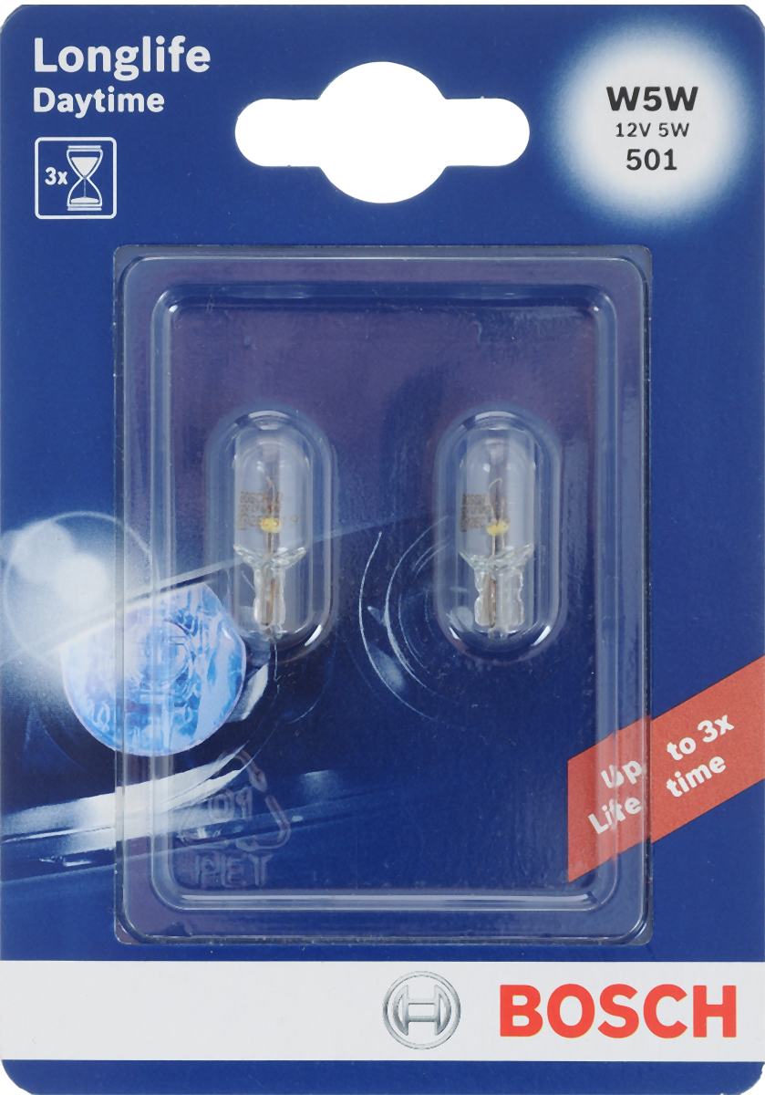 Лампа накаливания Bosch W5W, автомобильная, 12V, 5W, 2 шт10503 Лампа накаливания Bosch W5W, автомобильная, 12V, 5W, 2 шт10503Автомобильная малогабаритная лампа Bosch с металлическим цоколем предназначена для внутреннего и внешнего освещения. Также для фонаря освещения номерного знака, подкапотная ламп, лампа фонаря освещения багажника, стояночный и габаритный огонь. Питание: 12 В.Номинальная мощность: 5 Вт.