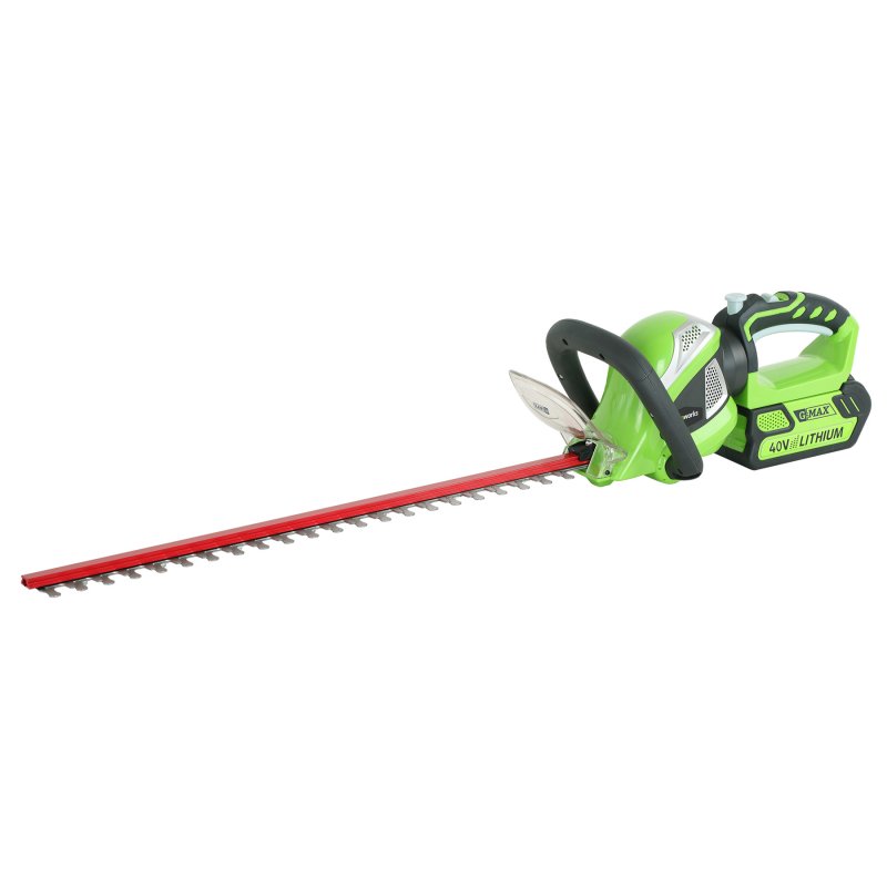 Кусторез аккумуляторный Greenworks G-MAX G40HT61, 40 В, 61 см (без АКБ и ЗУ)80653 Кусторез аккумуляторный Greenworks G-MAX G40HT61, 40 В, 61 см (без АКБ и ЗУ)80653Кусторез аккумуляторный Greenworks G-MAX G40HT61 - это полупрофессиональная модель с длиной режущего полотна 61 см. Кусторез предназначен для выравнивания и подрезания живых изгородей и кустарника при домашнем использовании. Удобная передняя и задняя рукоятки позволят легко управлять кусторезом. Задняя рукоять имеет функцию вращения на 90° в обе стороны, для удобства подрезания и выравнивания углов. Эта модель моментально готова к работе нажатием одной кнопки. Благодаря питанию от 40V аккумулятора кусторез обеспечивает долгую автономную работу. Данный аккумулятор совместим с другими устройствами из линейки G-MAX 40V. Для безопасной работы кусторез оснащен кнопкой включения, предохранителем и щитком для защиты рук. Преимущества модели: - Работа от 40V аккумулятора совместимого с другими устройствами из линейки 40V. - Длина режущего полотна 61 см. - Не требует времени для подготовки к работе. - Удобная передняя и вращающаяся задняя рукоятки для удобства работы. - Кнопка предохранитель. - Время автономной работы - 60 минут на одном заряде 4 А.ч аккумулятора.Номинальное напряжение: 40 В. Длина полотна: 61 см. Скорость режущего полотна: 1600 об/мин. Режущая способность: 2 см. Вес: 3,79 кг. Угол вращения рукояти: 90° в обе стороны. Остановка лезвий: менее 1 секунды.Аккумуляторная батарея и зарядное устройство в комплект не входят.Работает с аккумуляторами Greenworks G-MAX40 (арт. 29717, 29727) и зарядным устройством G40C (арт. 29417, 29447).
