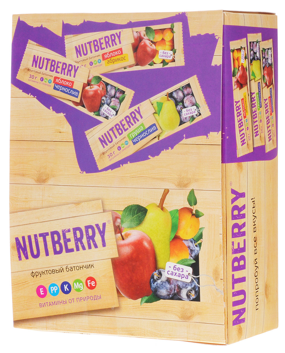 Nutberry Витафрут батончик фруктовый с абрикосом, 30 г (24 шт)0120710 Nutberry Витафрут батончик фруктовый с абрикосом, 30 г (24 шт)0120710Фруктовый батончик Nutberry Витафрут Яблоко и Абрикос - полезный и натуральный снек. Медово-сладкий вкус мякоти абрикоса с кислинкой яблока относится к тем вкусам, которые очаровывают любого гурмана.Фруктовые батончики Nutberry – натурально, вкусно, с заботой о вас. Фруктовый батончик Яблоко и Абрикос справится с голодом в два счета. Любой перекус станет и вкусным и полезным. С утренним кофе, с обеденным чаем, со свежевыжатым соком фруктовый батончик Nutberry станет незаменимым составляющим вашего рациона. Фруктовые батончики Nutberry изготавливаются только из натуральных спрессованных фруктов. Производители не используют яблочное пюре или повидло, которые существенно удешевляют продукт и занижают полезные свойства. Батончики Nutberry содержат естественные фруктовые сахара! При производстве в продукт не добавляются фруктоза, сахар и другие сахаросодержащие продукты. Nutberry абсолютно безопасны, не содержат ароматизаторов и красителей.